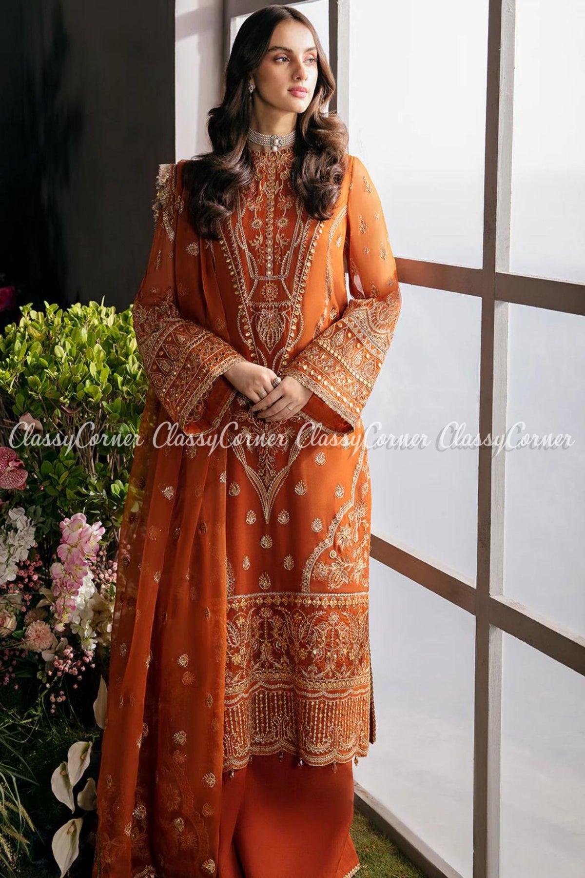 Orange Golden Chiffon Embroidered Party Wear Suit