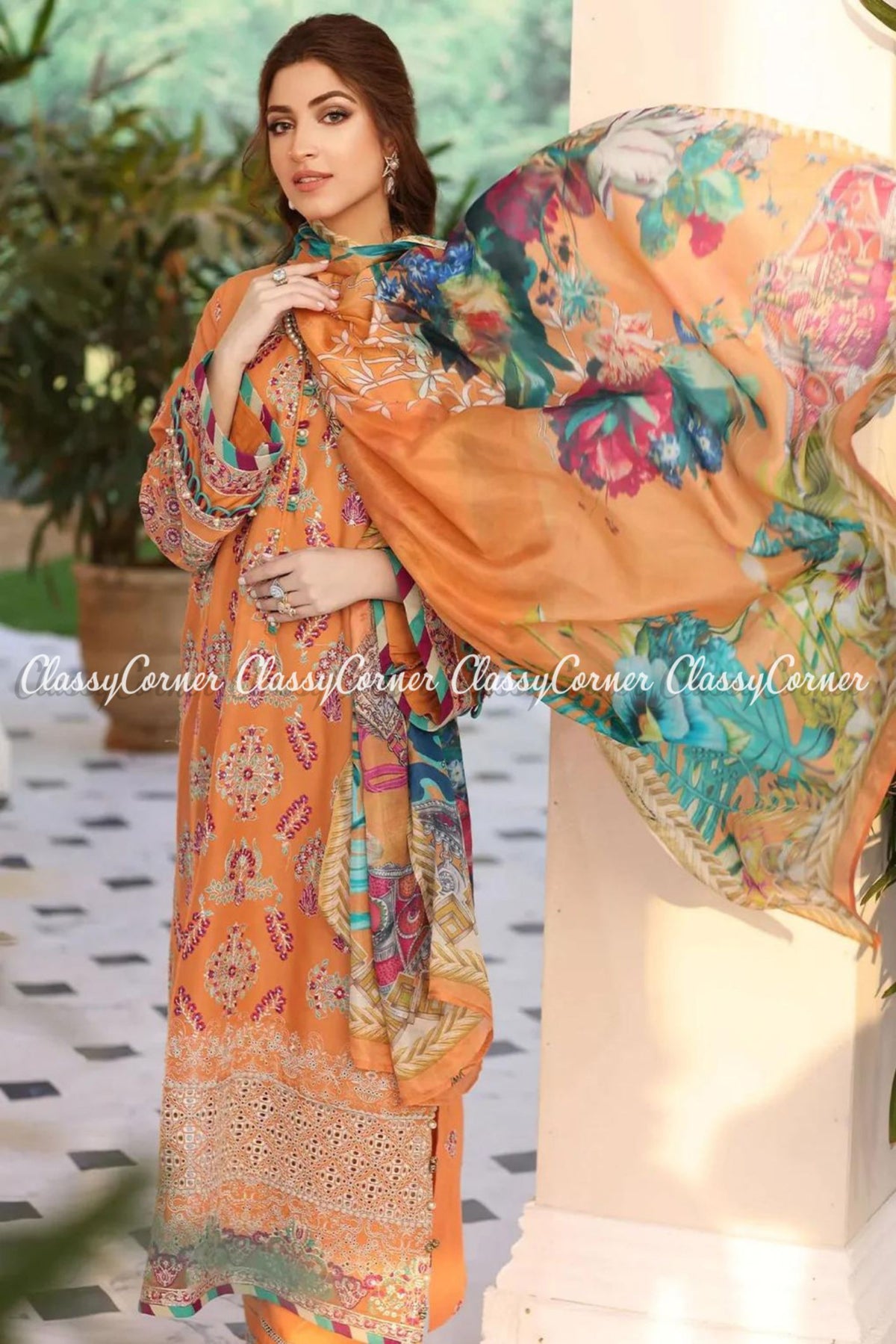 Orange Pakistani Lawn Embroidered Long Kameez Outfit