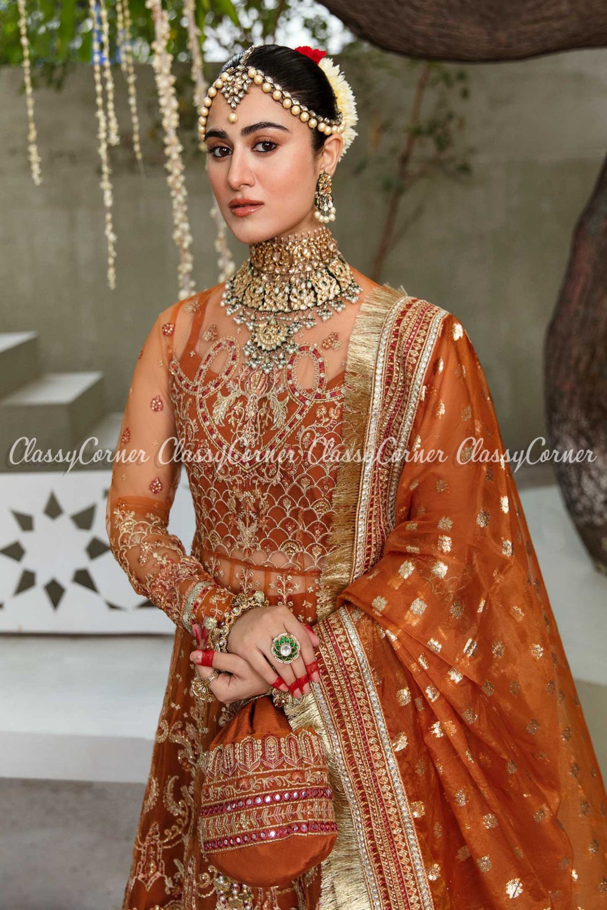 Orange Golden Net Embroidered Wedding Wear Gown Lehenga Dress