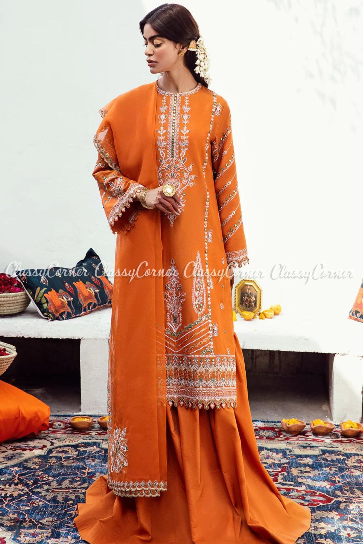Orange Lawn Embroidered Formal Wear Gharara Dress