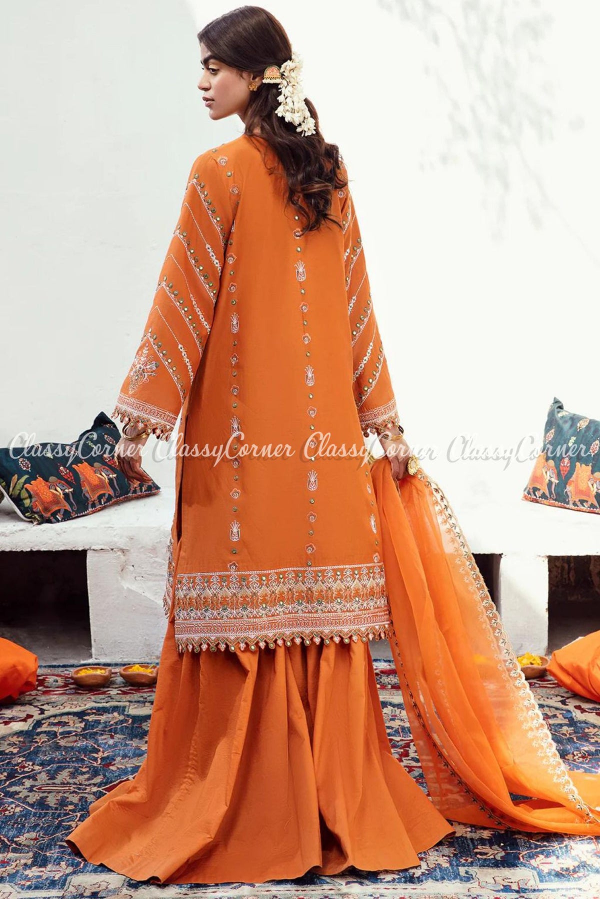 Orange Lawn Embroidered Formal Wear Gharara Dress