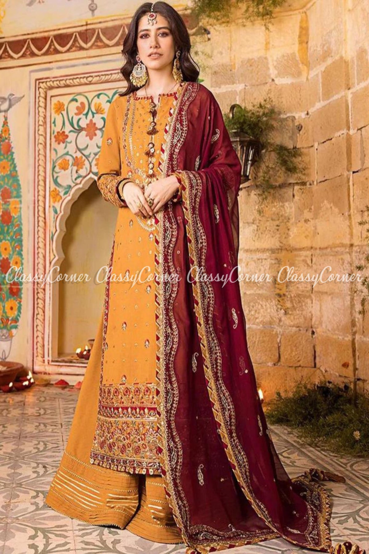 Orange Maroon Lawn Embroidered Party Wear Sharara