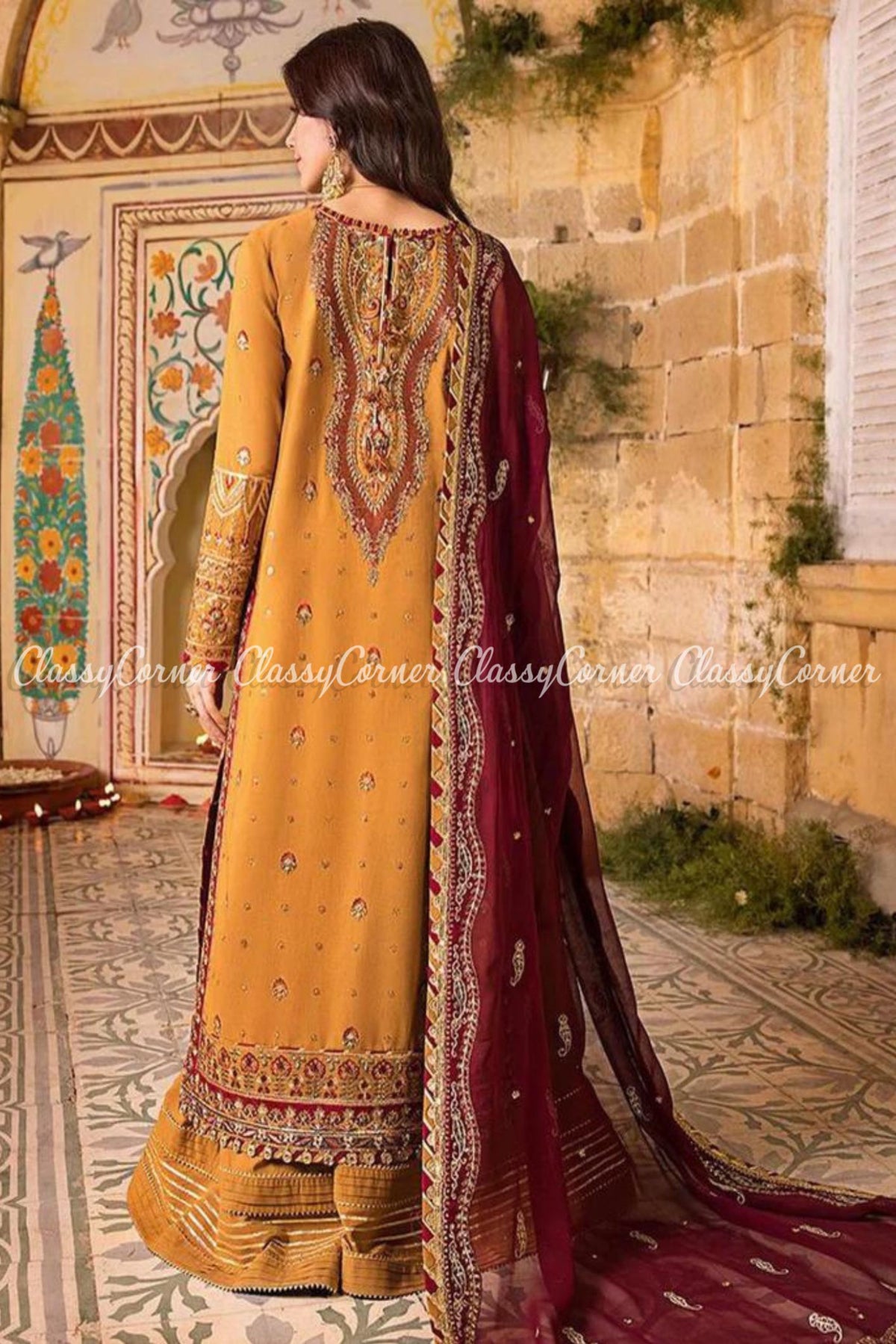 Orange Maroon Lawn Embroidered Party Wear Sharara