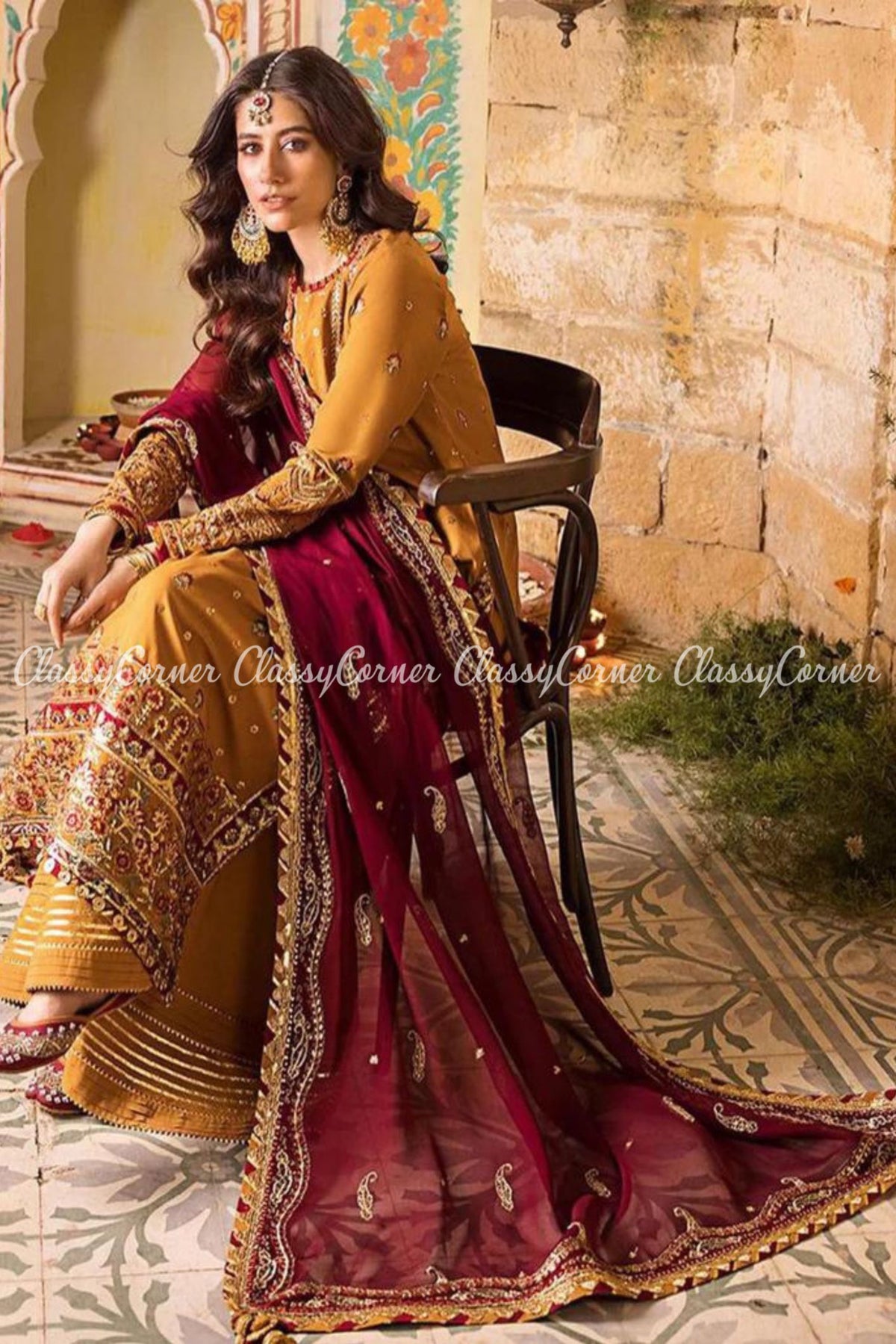 Orange Maroon Lawn Embroidered Party Wear Sharara