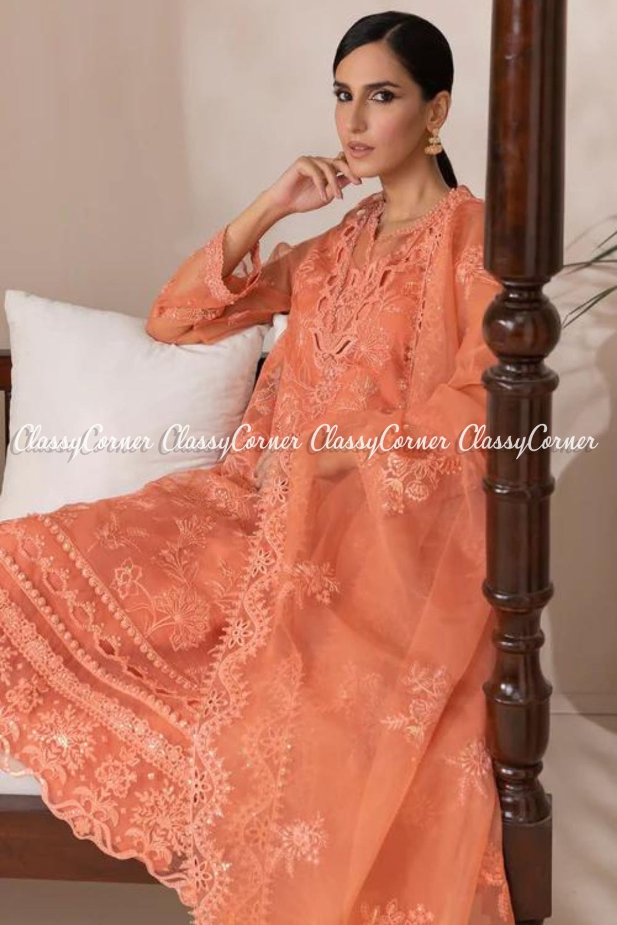 Orange Organza Embroidered Pakistani Salwar Kameez