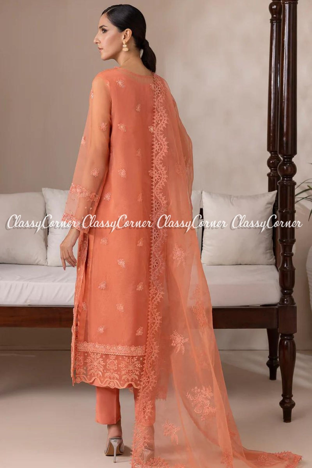 Orange Organza Embroidered Pakistani Salwar Kameez