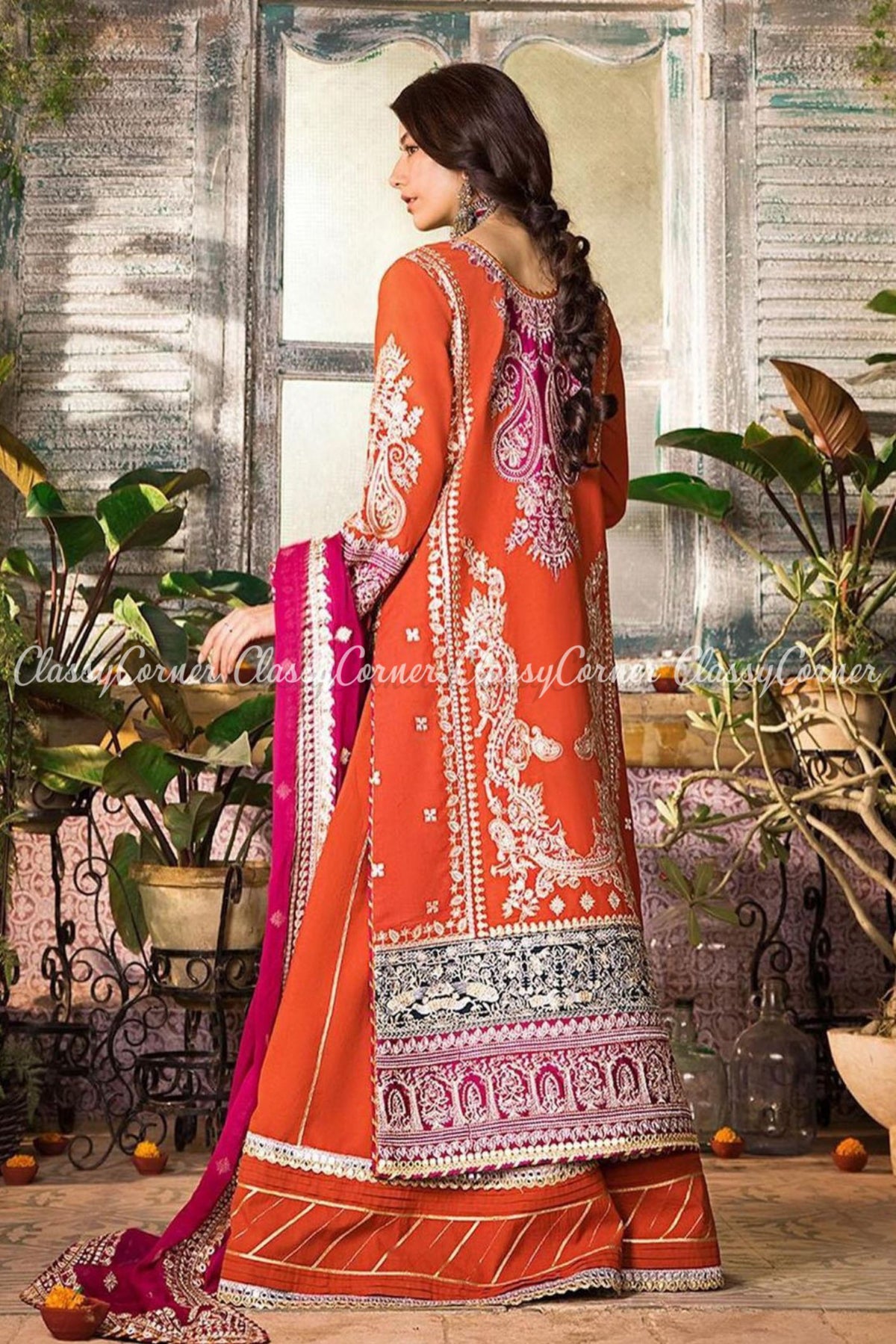 Orange Hot Pink Lawn Embroidered Party Wear Sharara