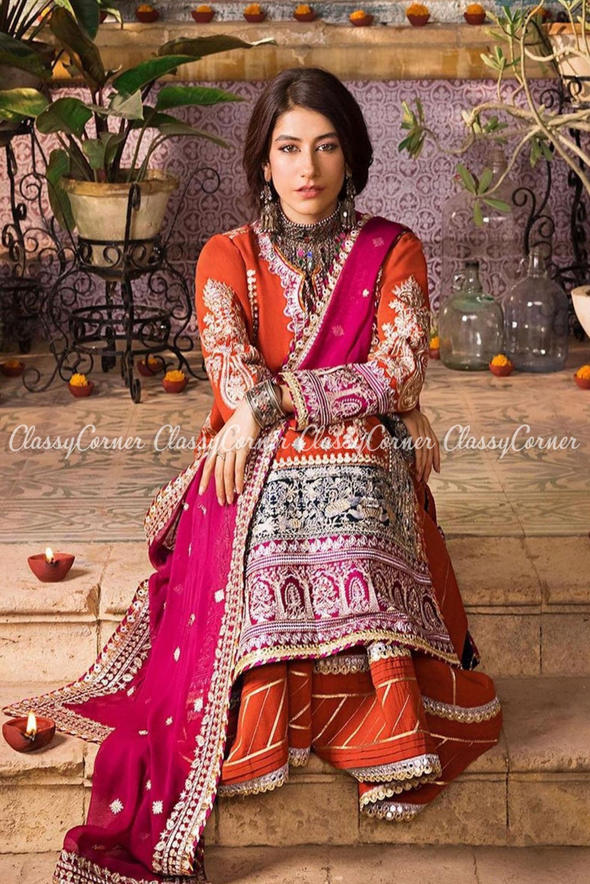 Orange Hot Pink Lawn Embroidered Party Wear Sharara