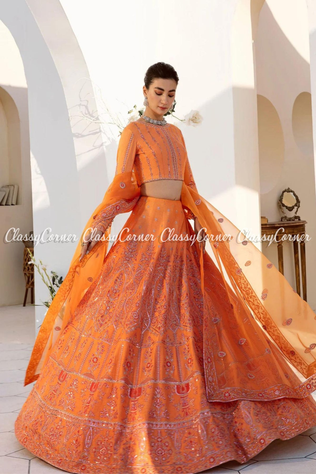 Orange Pink Raw Silk Party Wear Lehenga Choli