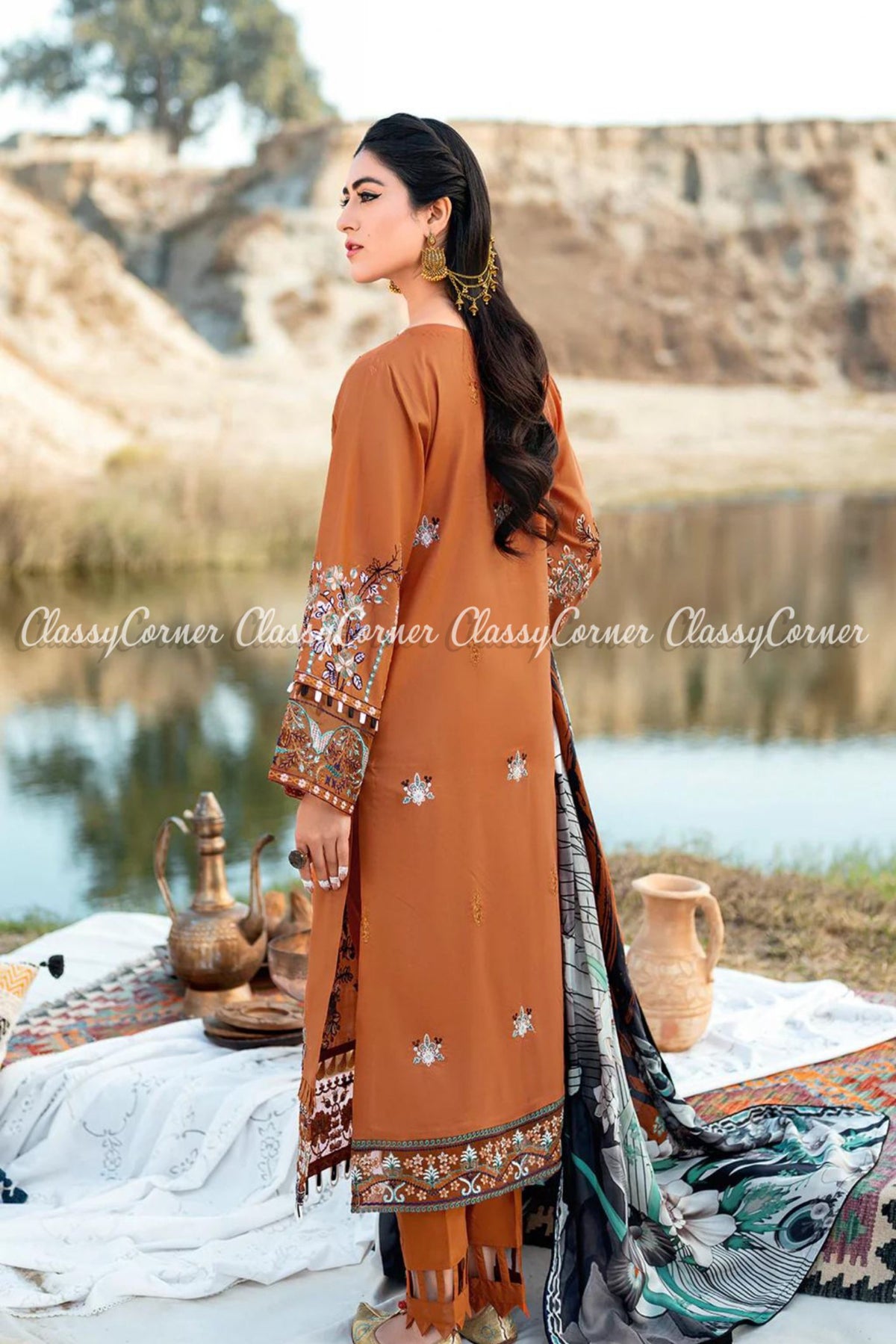 Pakistani Lawn Embroidered Orange Salwar Kameez