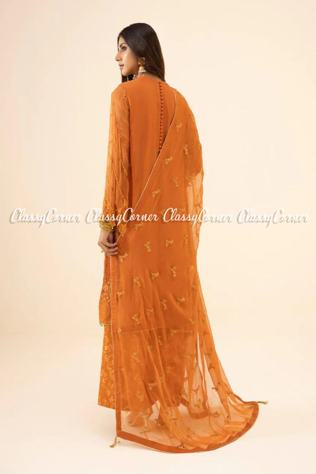 Pakistani Orange Chiffon Embroidered Party Wear Salwar Kameez