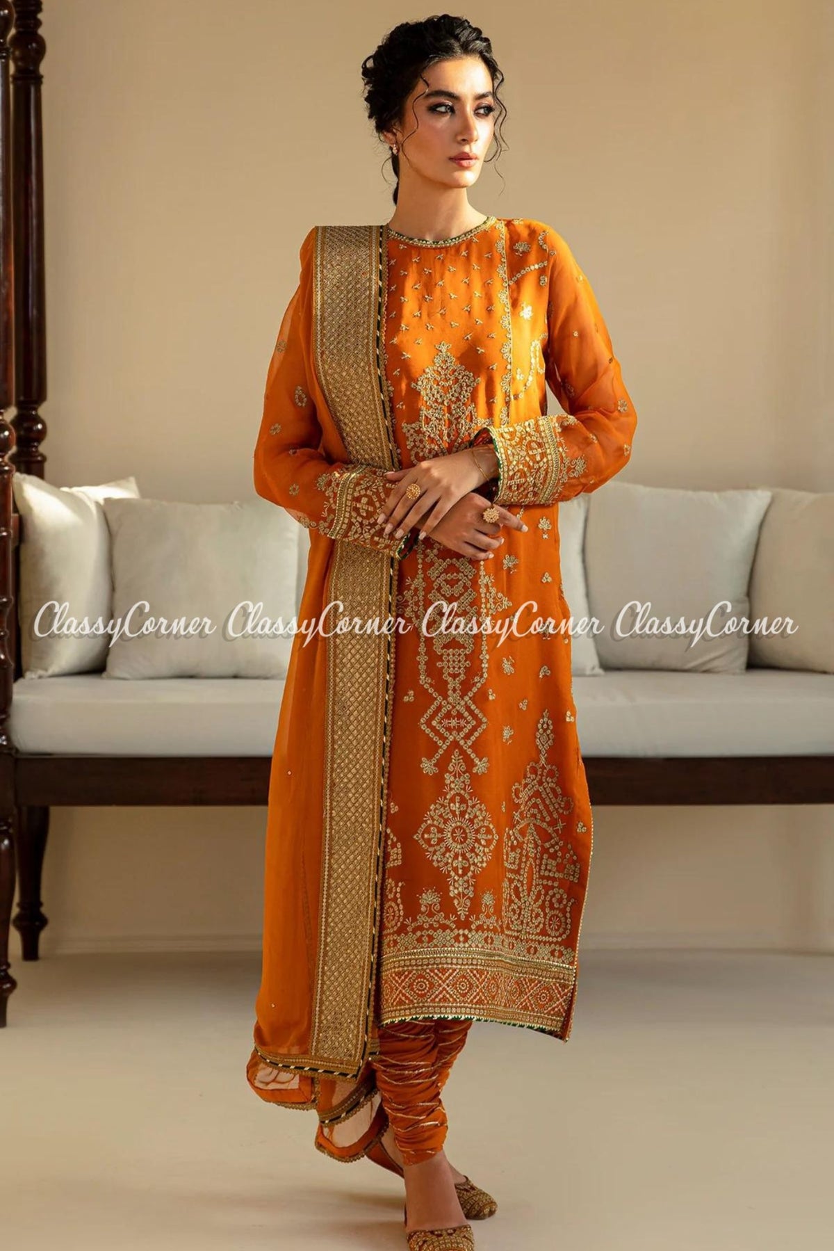 Orange Golden Chiffon Embroidered Salwar Kameez