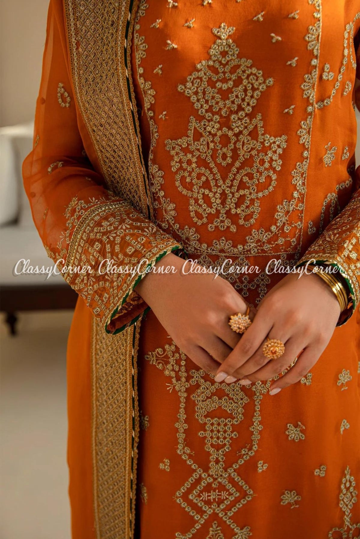 Orange Golden Chiffon Embroidered Salwar Kameez