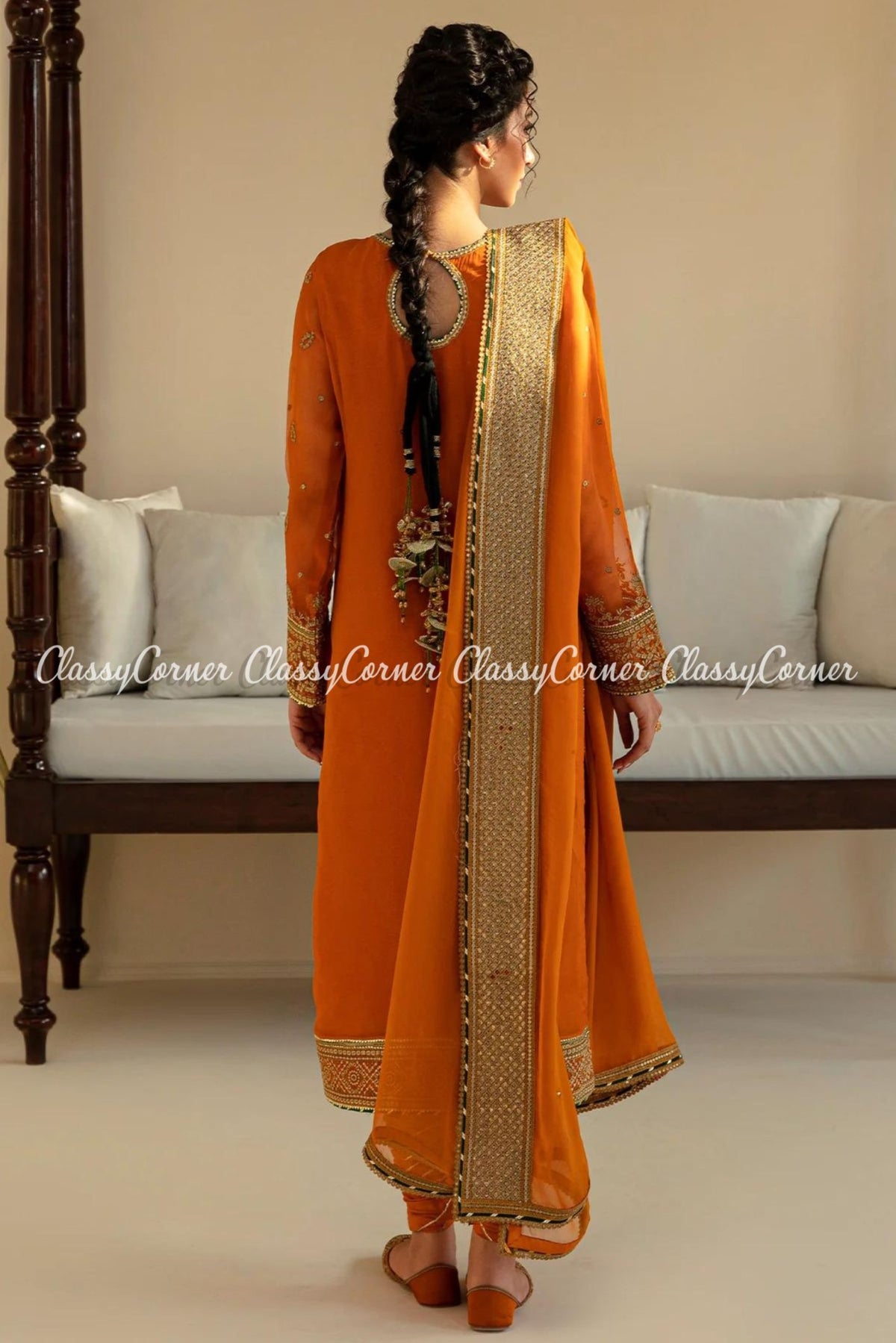 Orange Golden Chiffon Embroidered Salwar Kameez