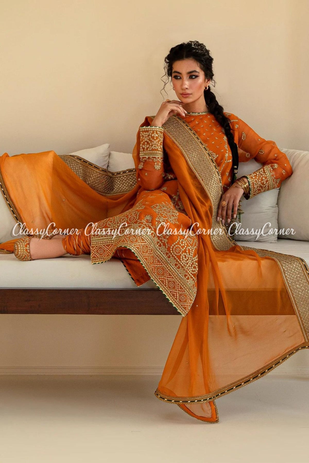 Orange Golden Chiffon Embroidered Salwar Kameez