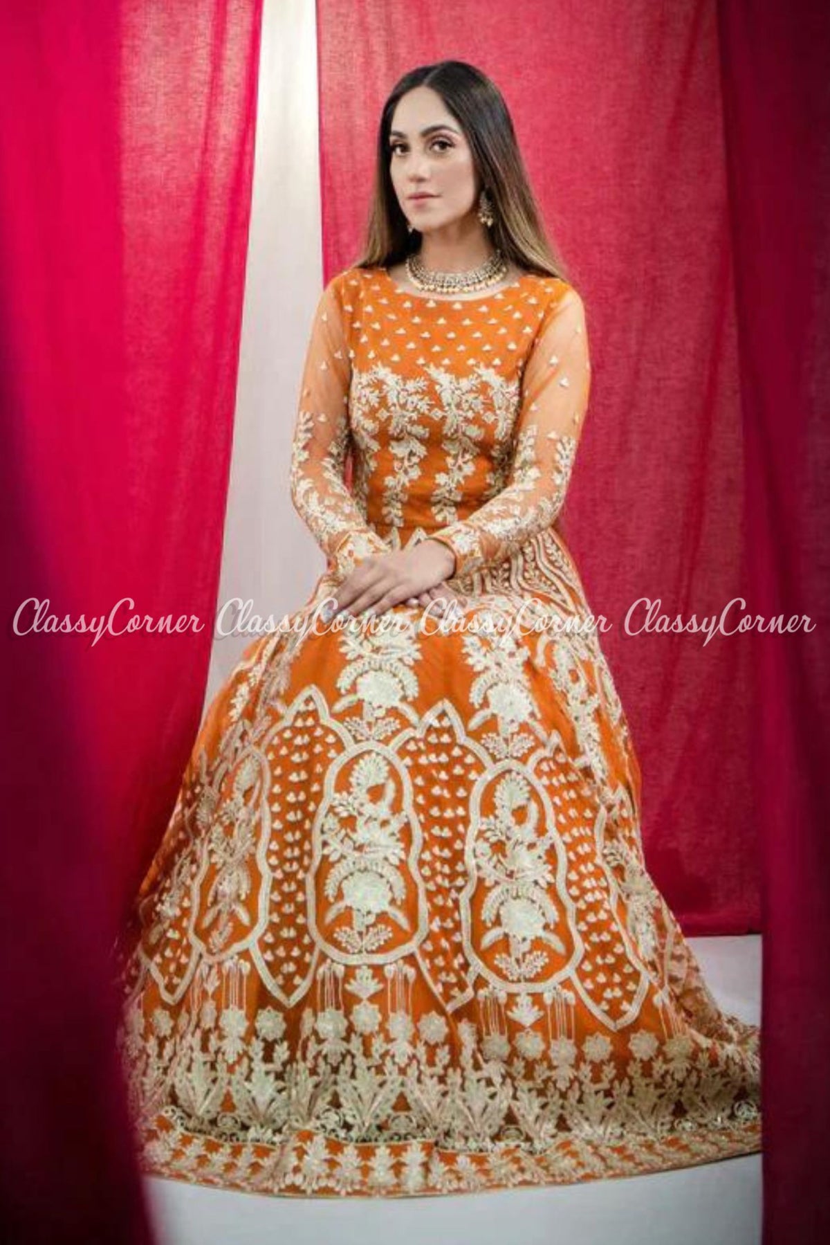 Orange Net Embroidered Party Wear Gown Dress