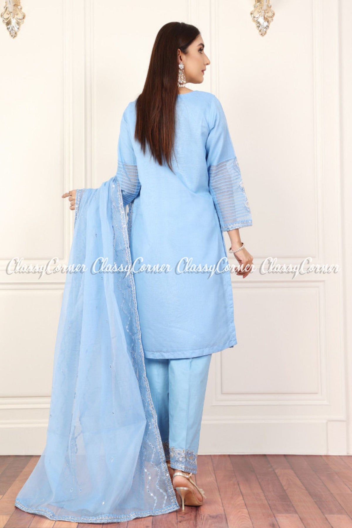 Pakistani Blue Organza Net Embroidered Readymade Outfits