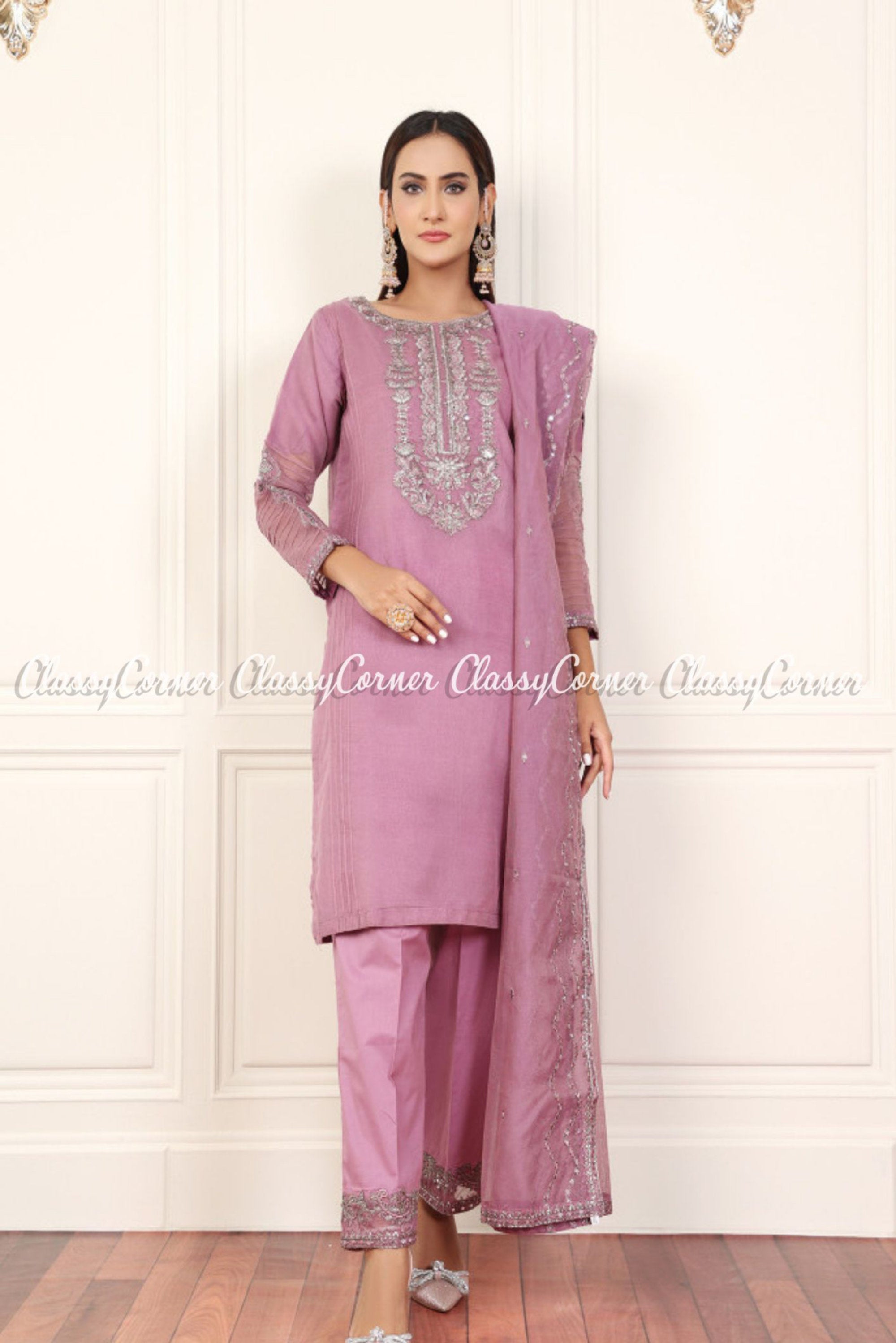 Mauve Pink Organza Net Embroidered Readymade Suit - Classy Corner