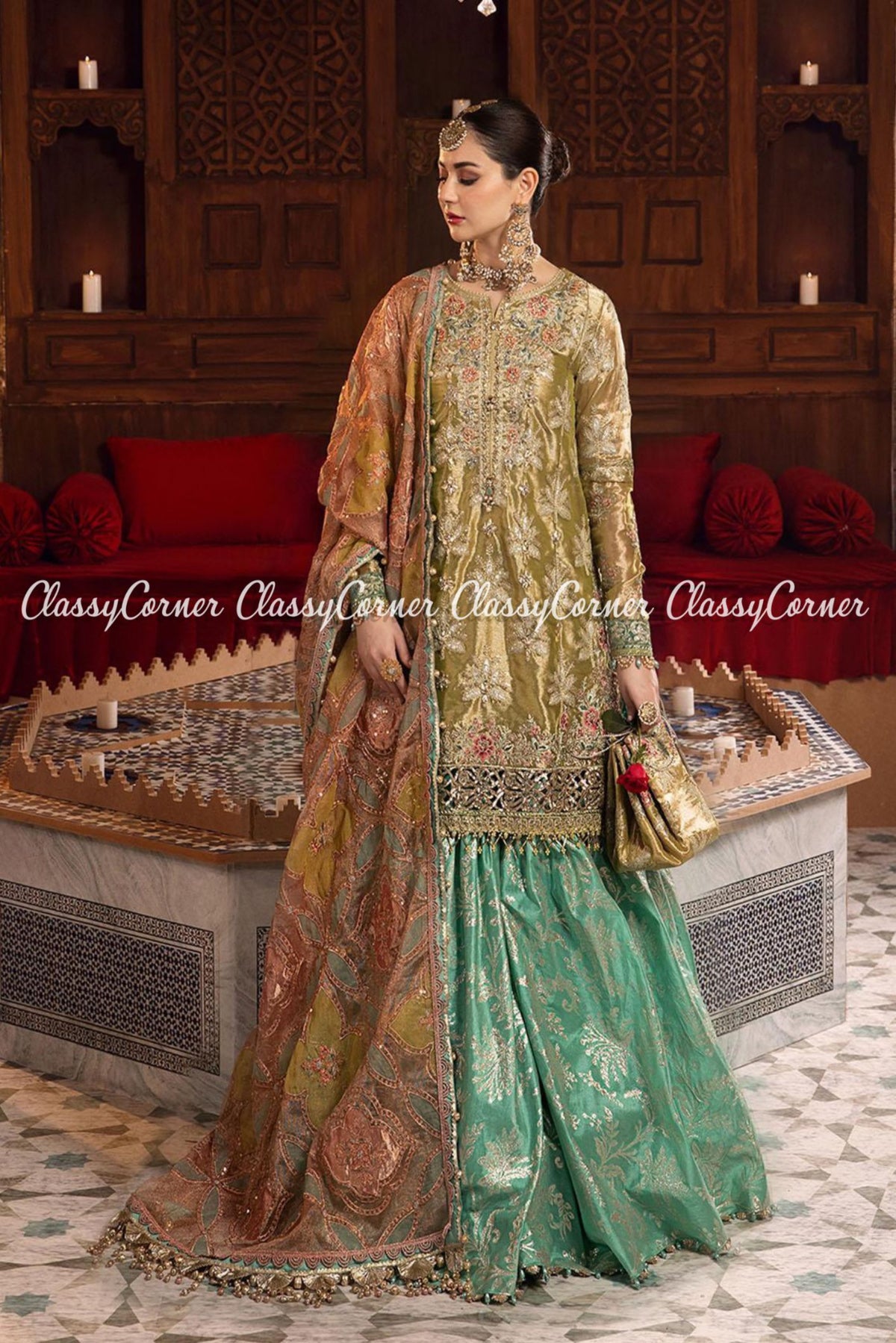 Olive Green Zinc Tissue Embroidered Wedding Wear Outfit