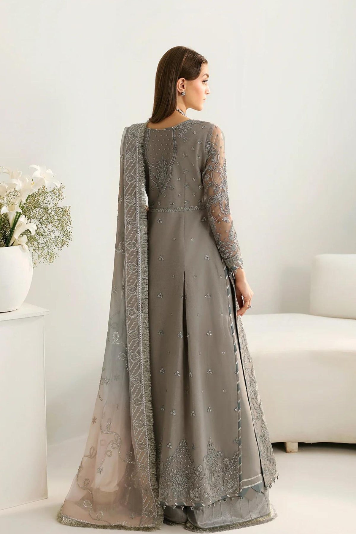 Grey Net Party Wear 3PC Suit