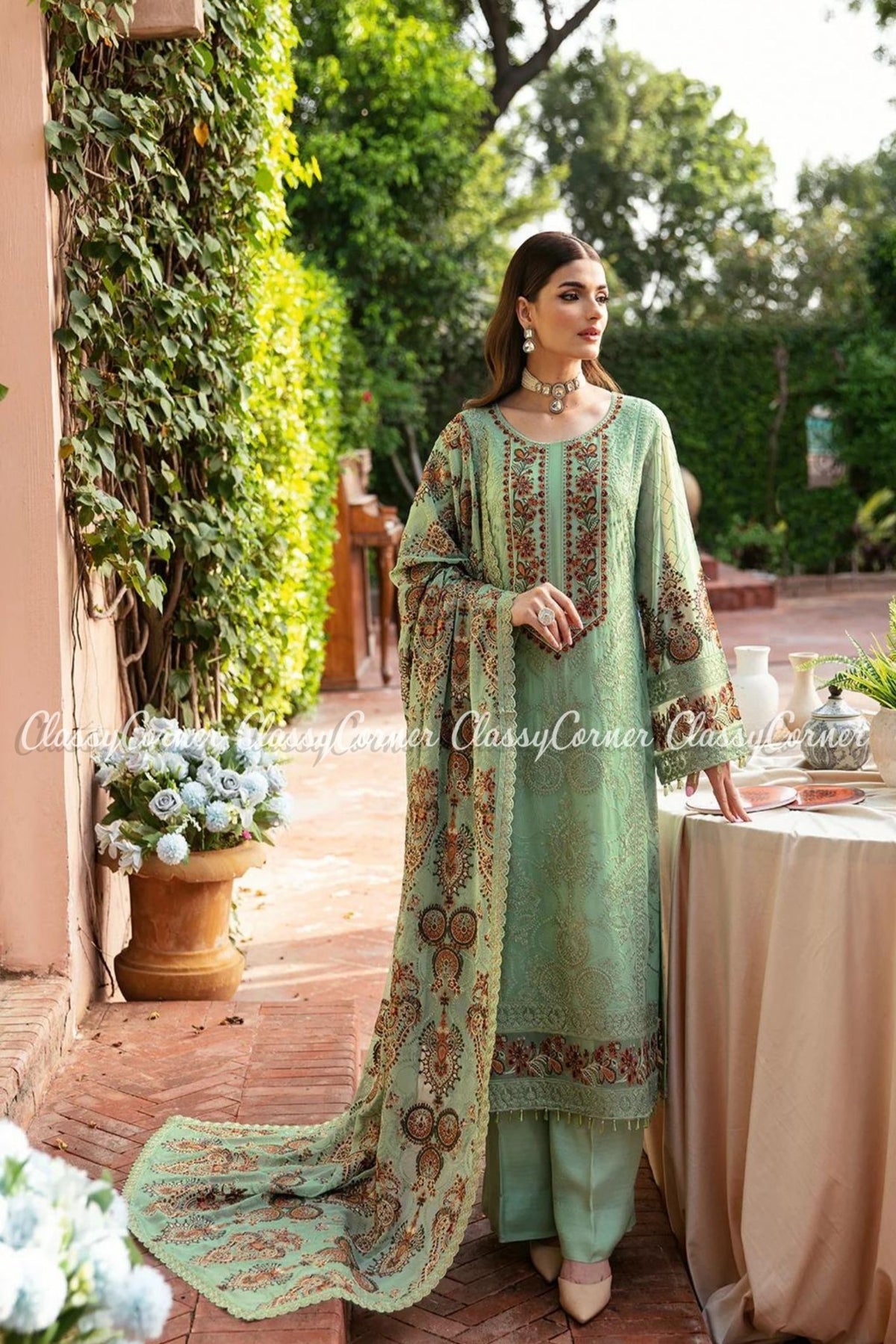 Pastel Green Chiffon Organza Embroidered Formal Wear Dress