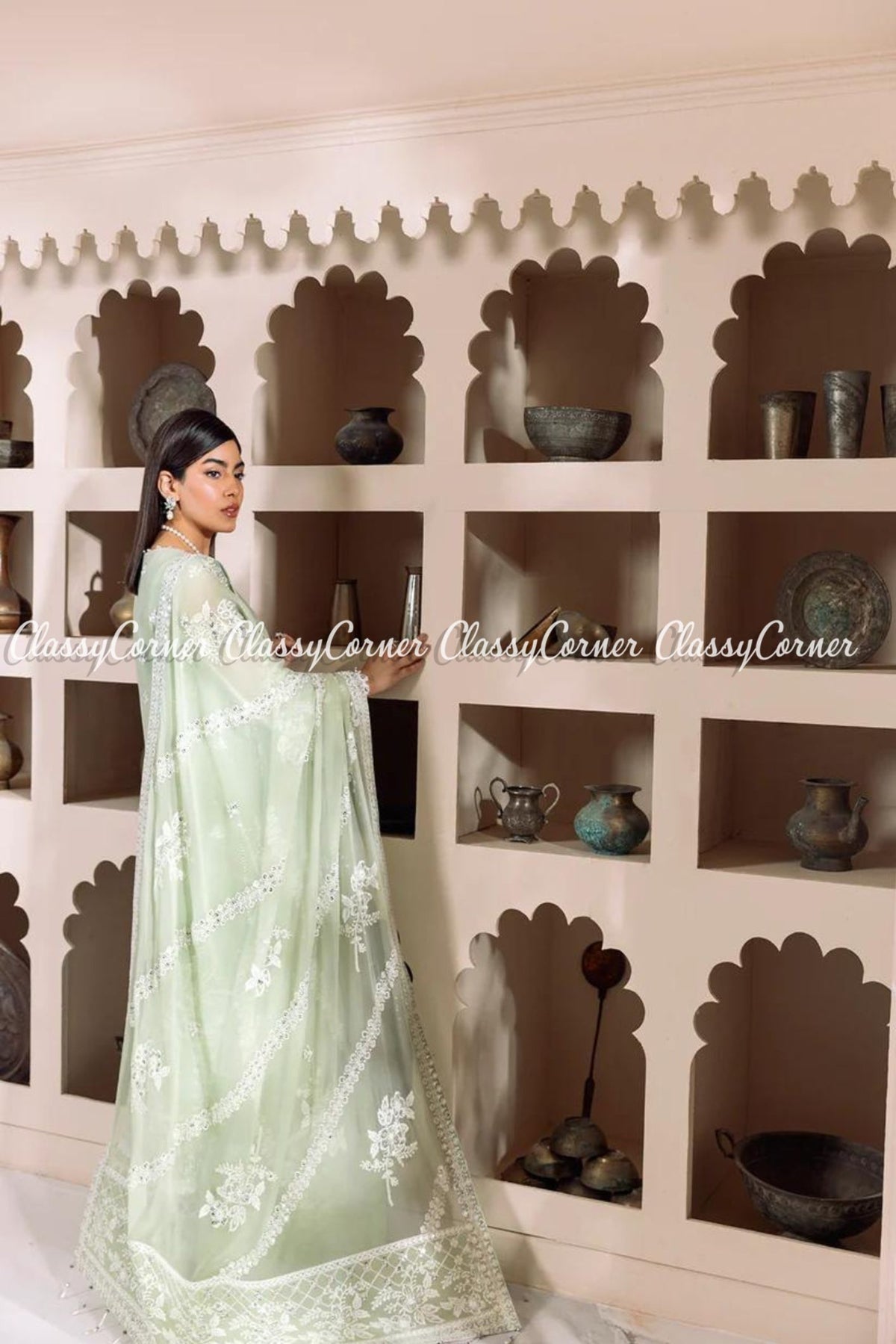 Pastel Green White Chiffon Embroidered Salwar Kameez