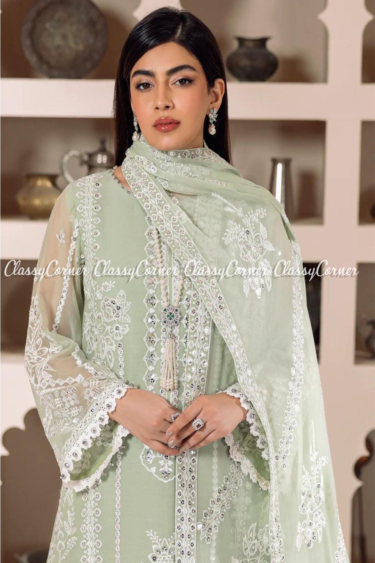 Pastel Green White Chiffon Embroidered Salwar Kameez