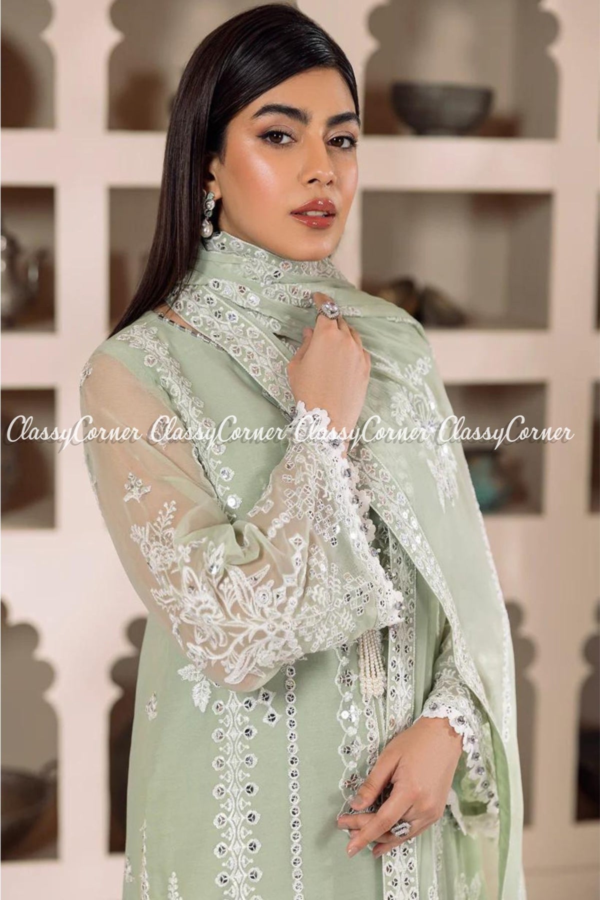 Pastel Green White Chiffon Embroidered Salwar Kameez