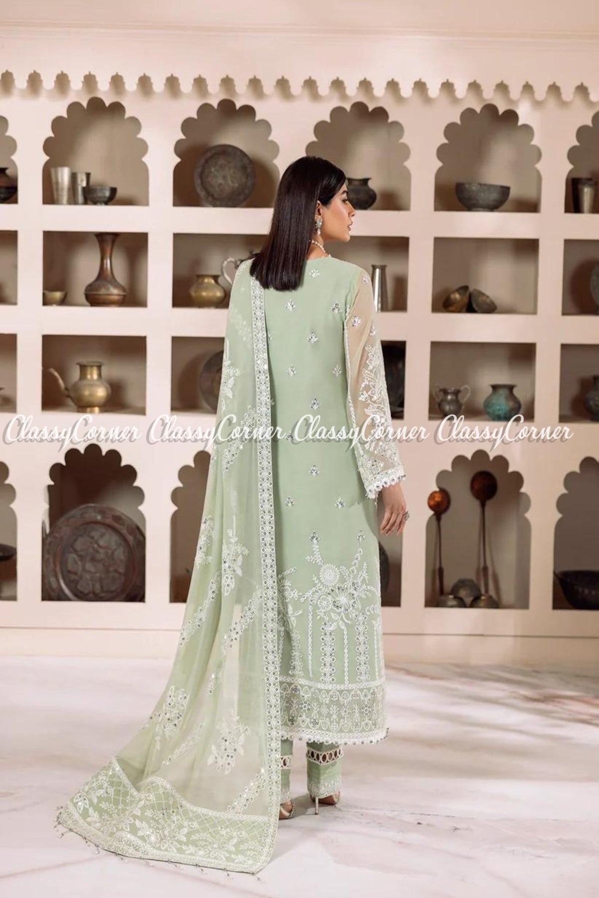 Pastel Green White Chiffon Embroidered Salwar Kameez