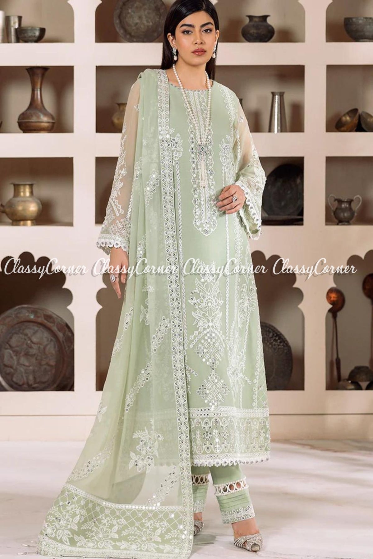 Pastel Green White Chiffon Embroidered Salwar Kameez