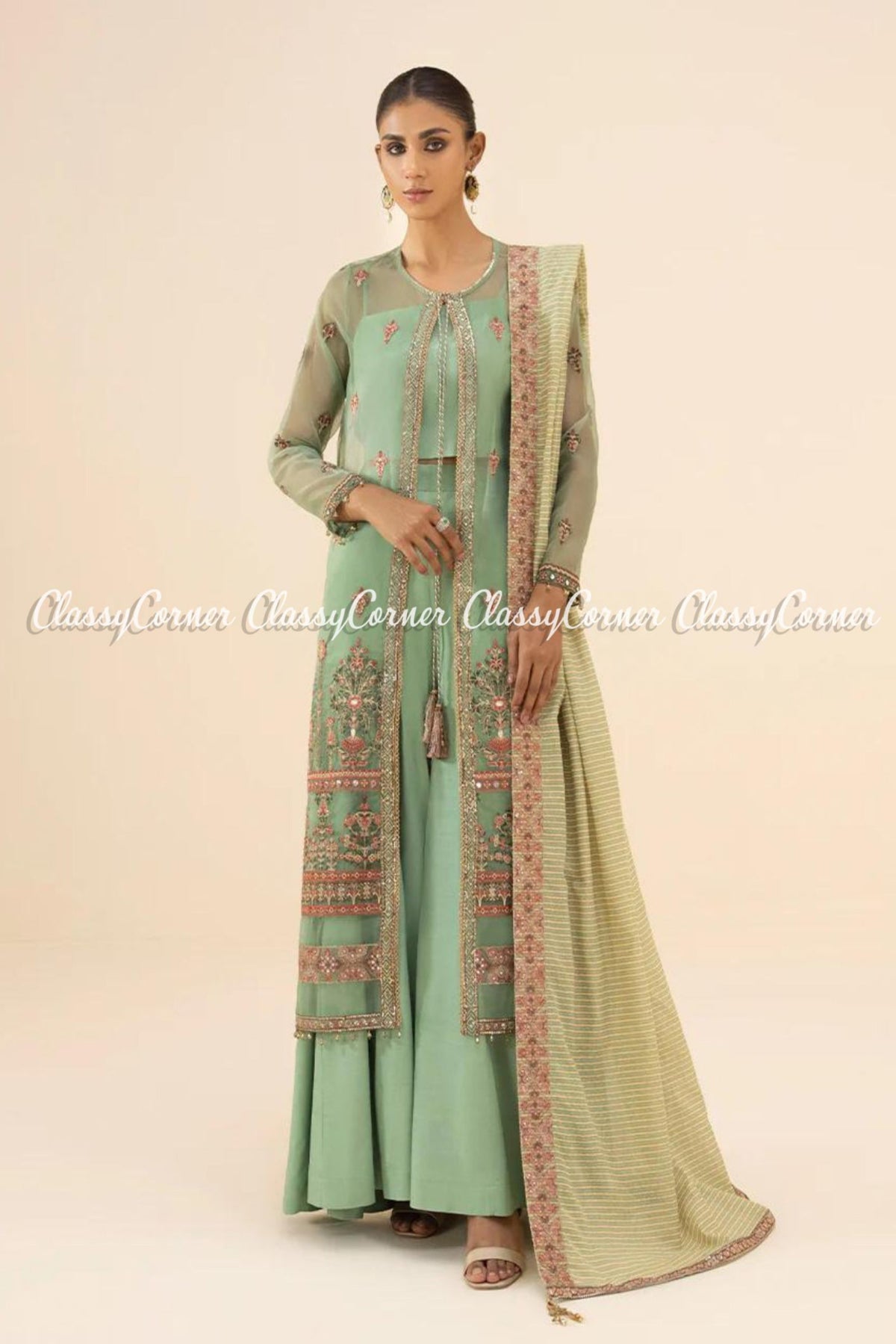 Pastel Green Organza Embroidered Pakistani Salwar Kameez