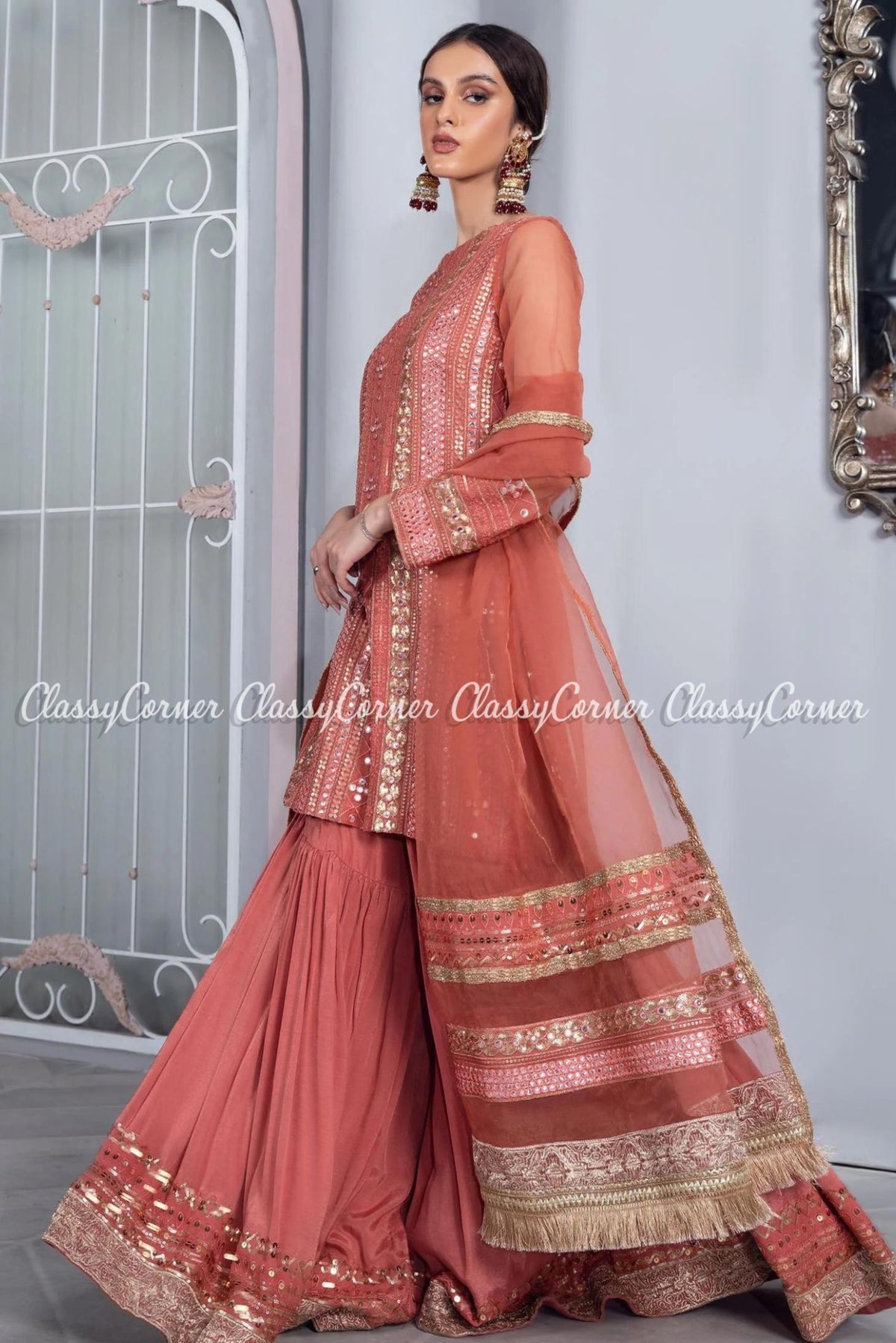 Peach Chiffon Pakistani Readymade Gharara