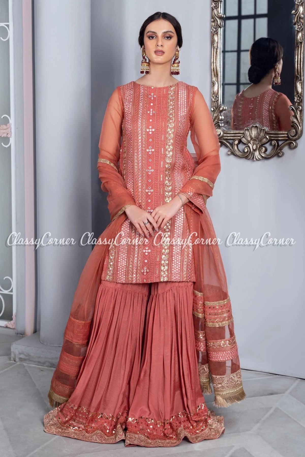 Peach Chiffon Pakistani Readymade Gharara