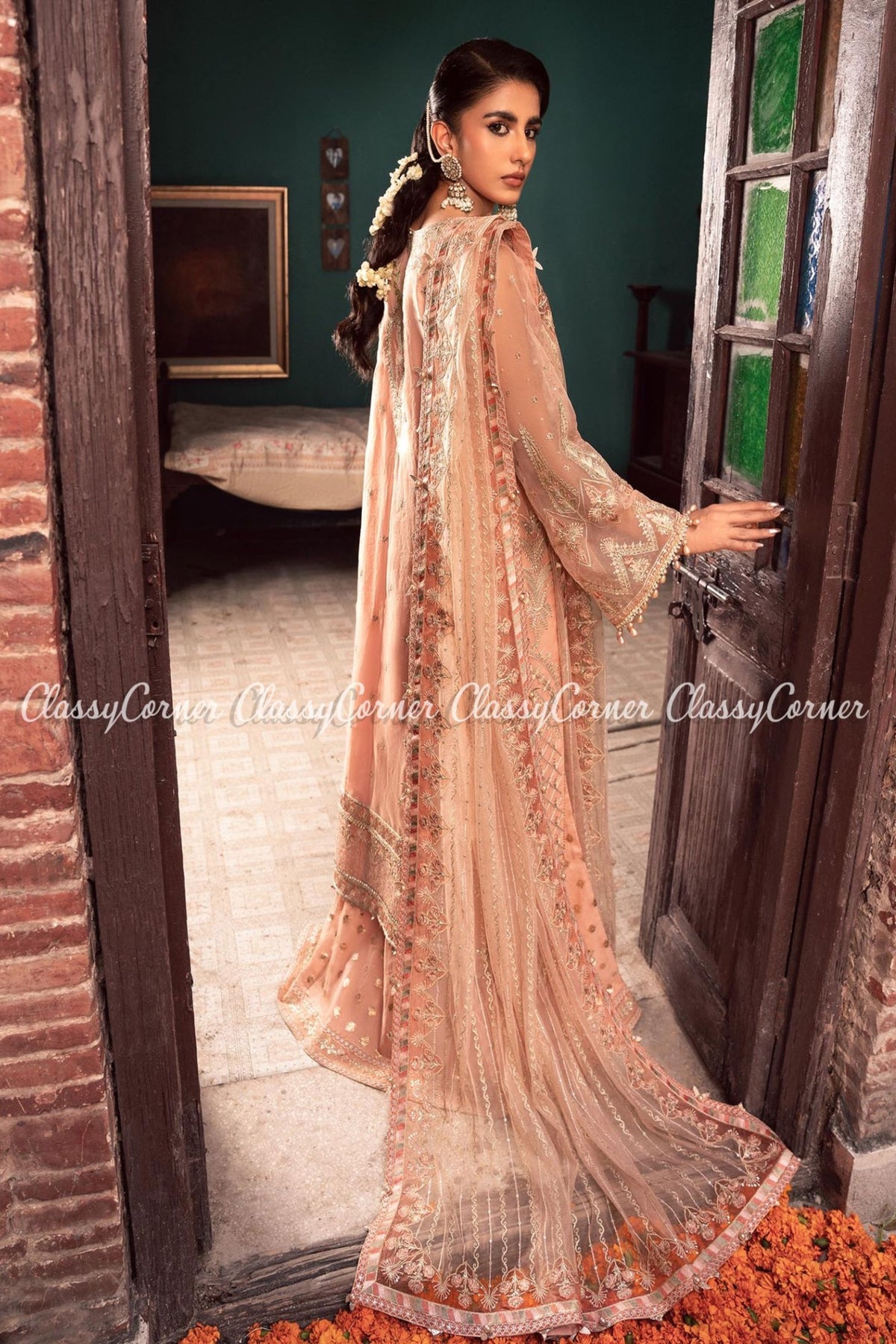 Peach Organza Pakistani Wedding Wear Outfit