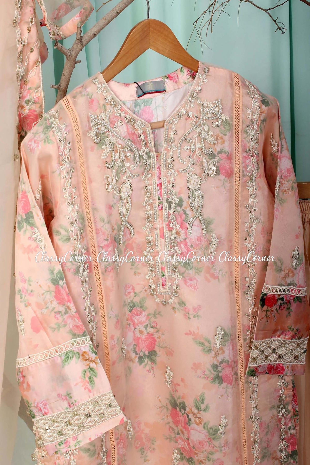 Peach Organza Pakistani Shalwar Kameez