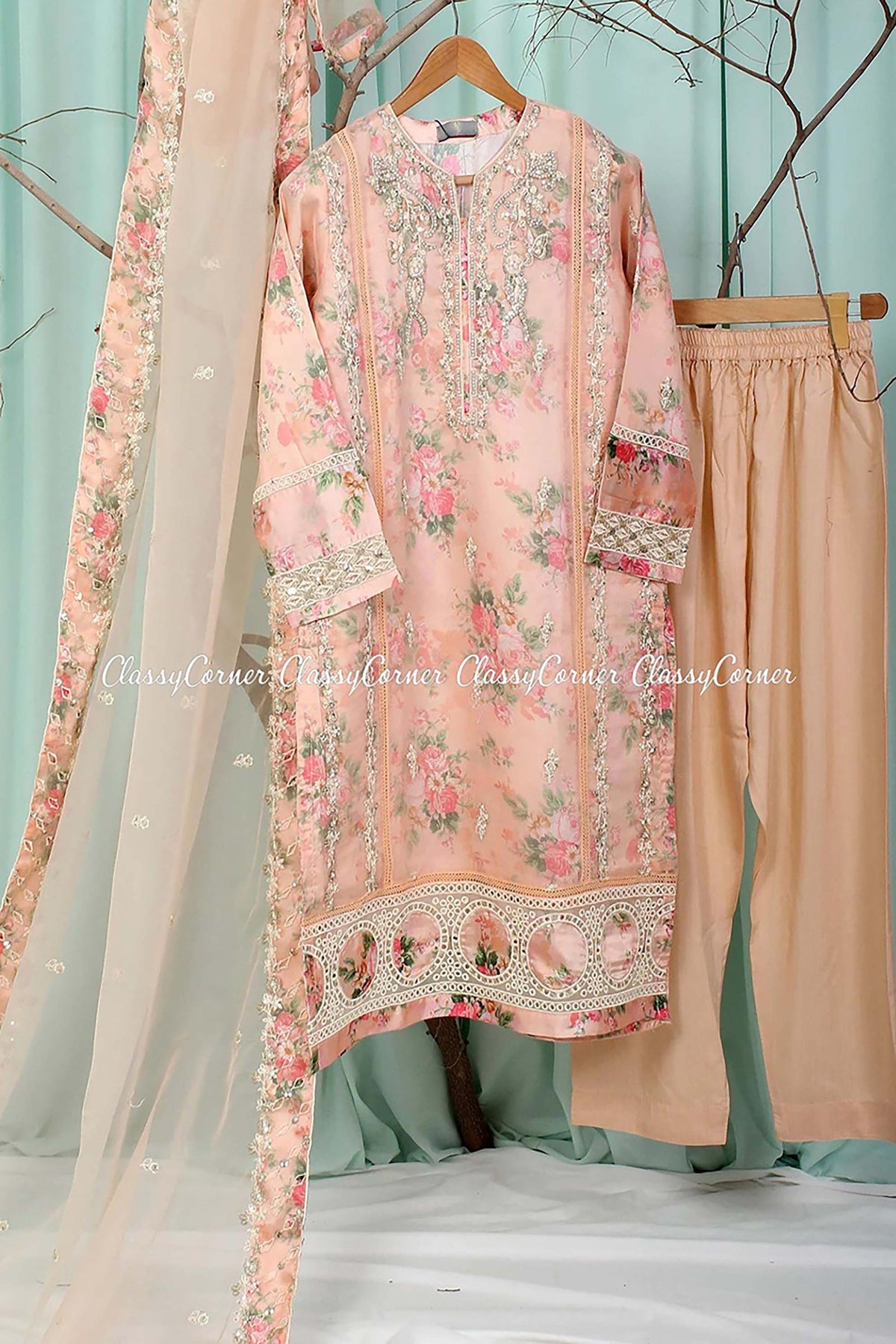 Peach Organza Pakistani Shalwar Kameez