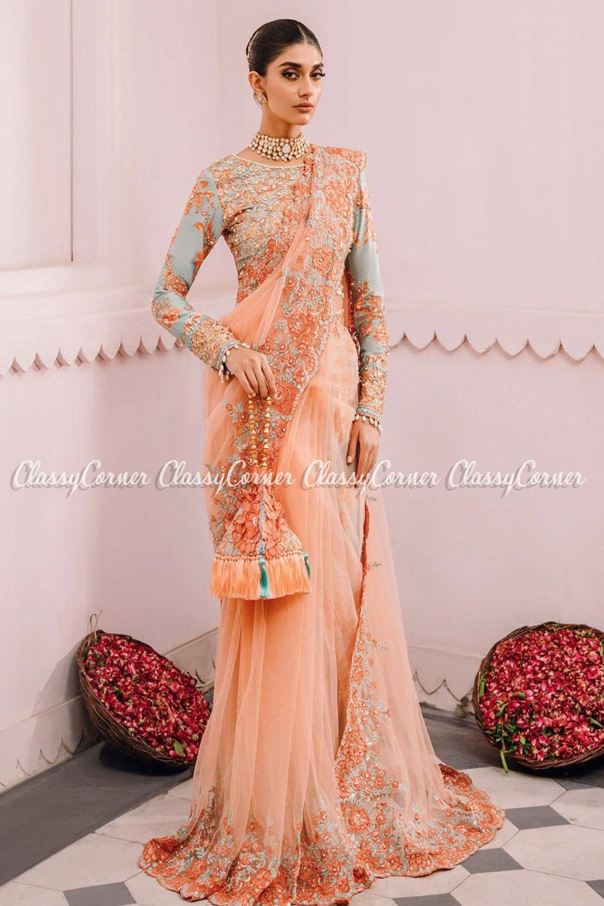 Peach Net Wedding Wear Saree