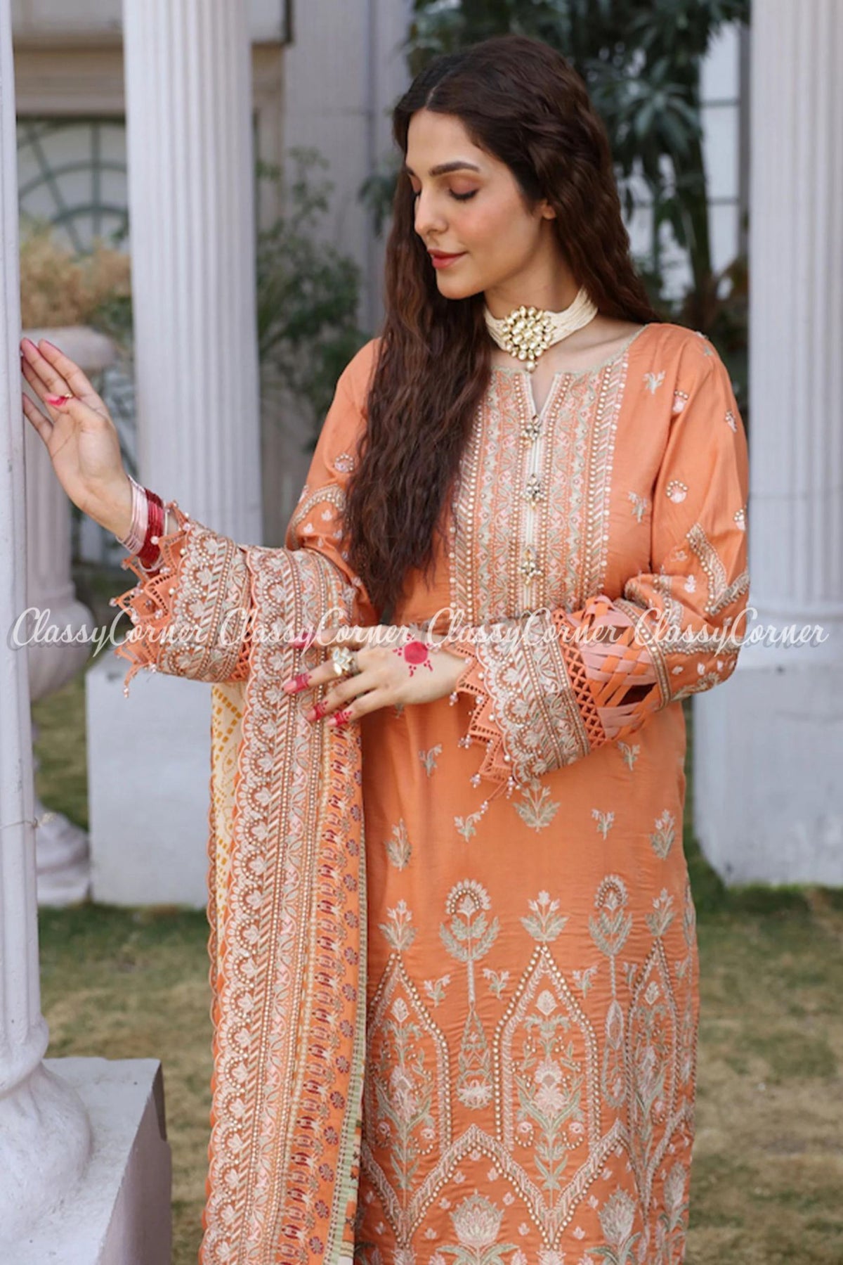 Orange Peach White Lawn Embroidered Salwar Kameez