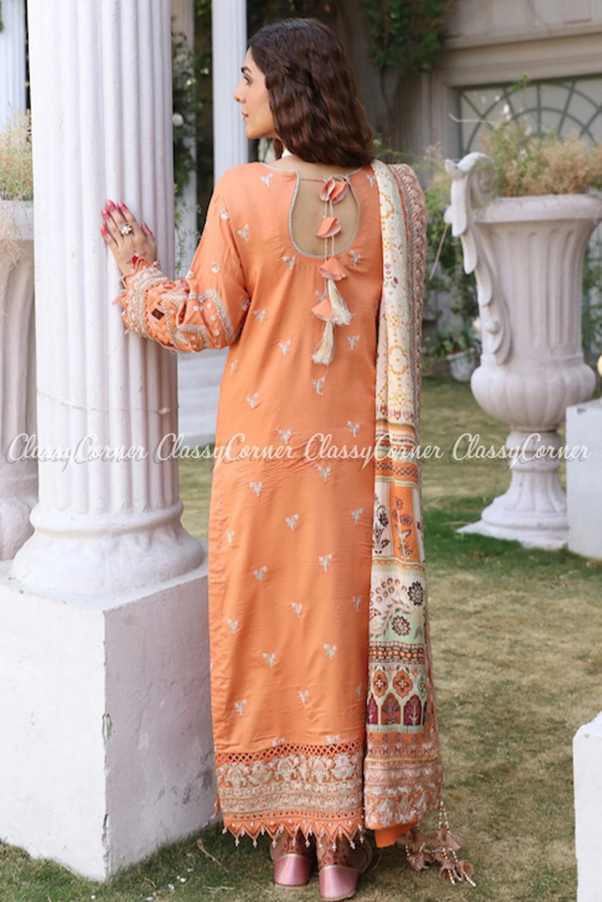 Orange Peach White Lawn Embroidered Salwar Kameez