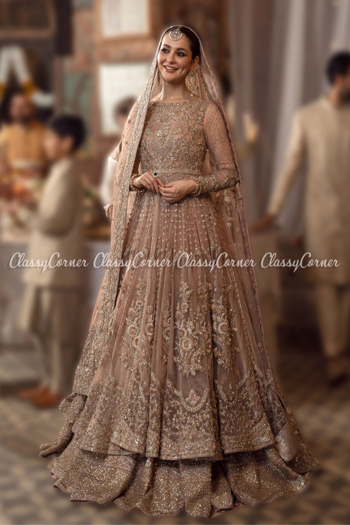 Peach Pink Golden Net Embellished Bridal Wear Gown