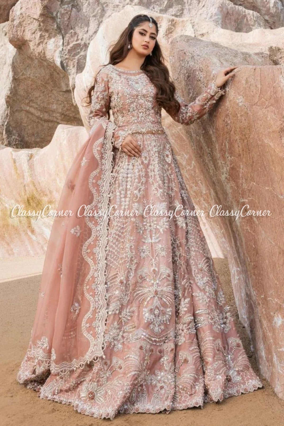 Peach Pink Organza Embellished Bridal Wear Lehenga