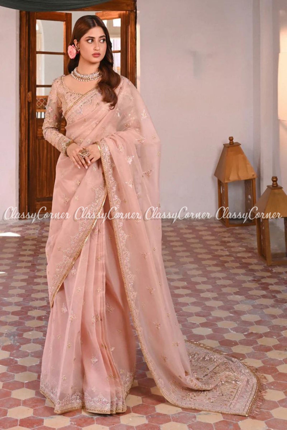 Peach Pink Organza Embroidered Wedding Wear Saree