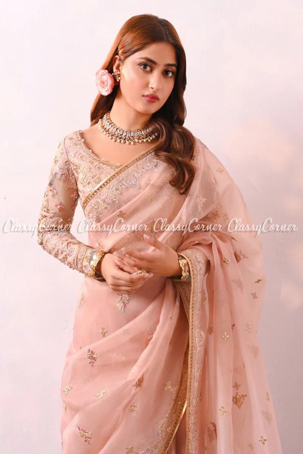 Peach Pink Organza Embroidered Wedding Wear Saree