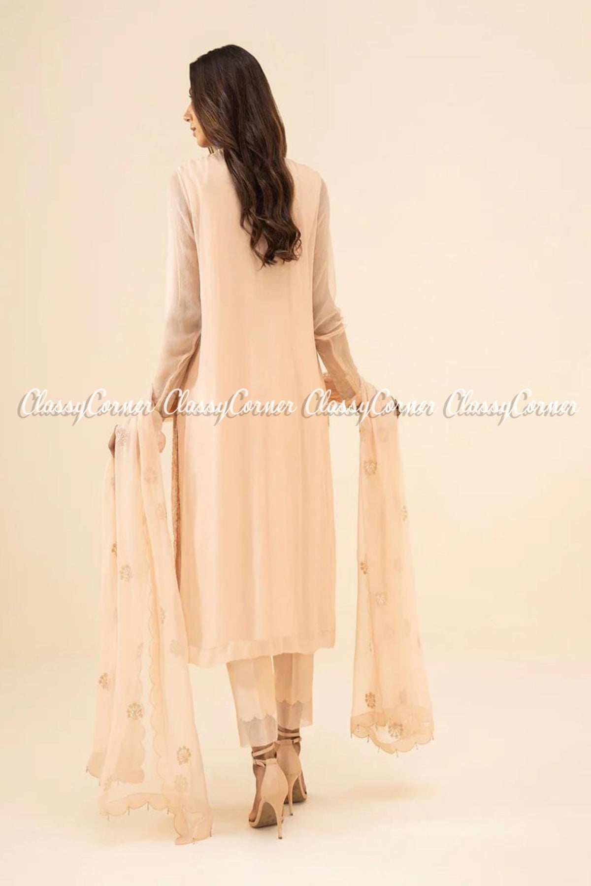 Pakistani Peach Chiffon Embroidered Party Wear 3 Piece Dress