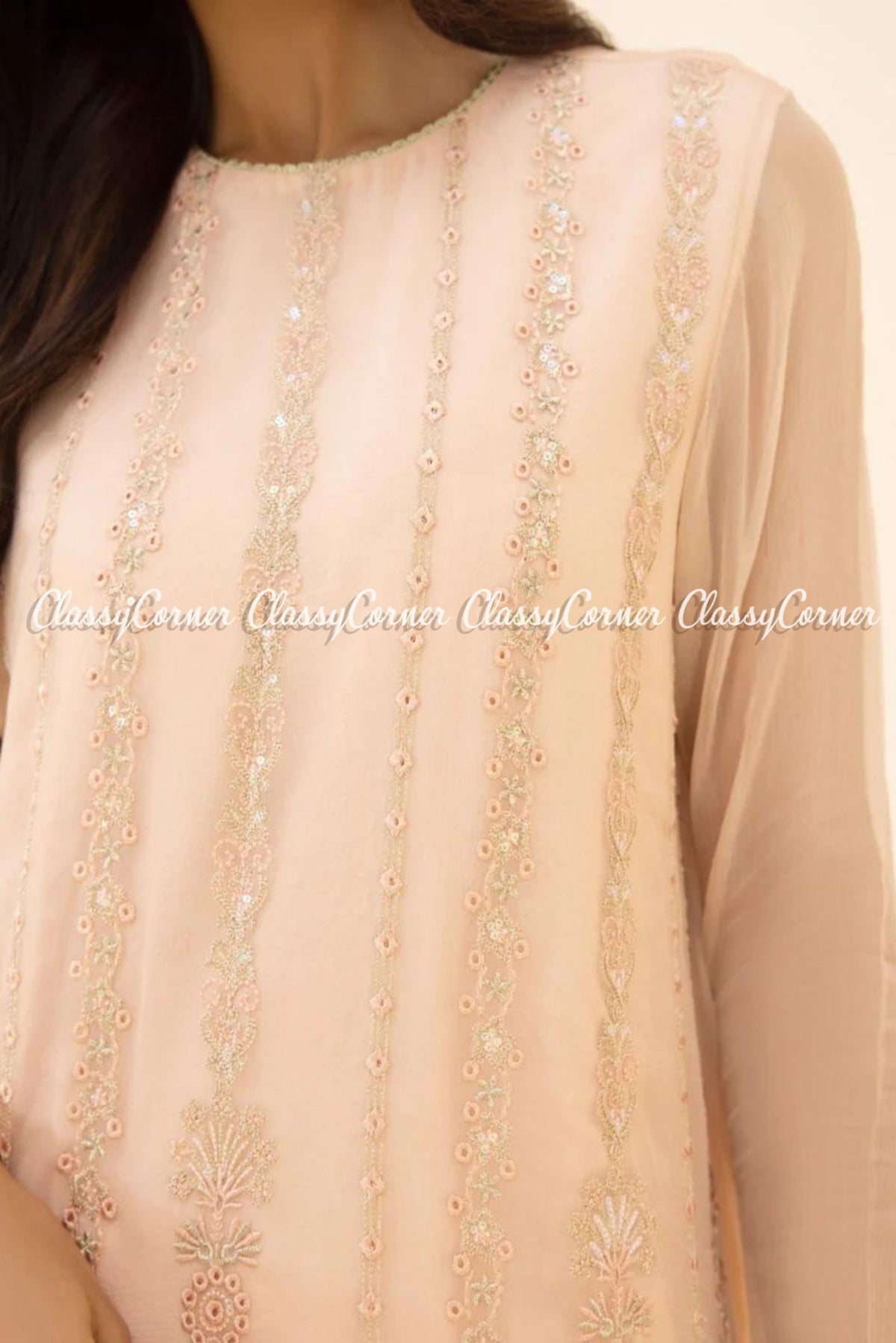 Pakistani Peach Chiffon Embroidered Party Wear 3 Piece Dress