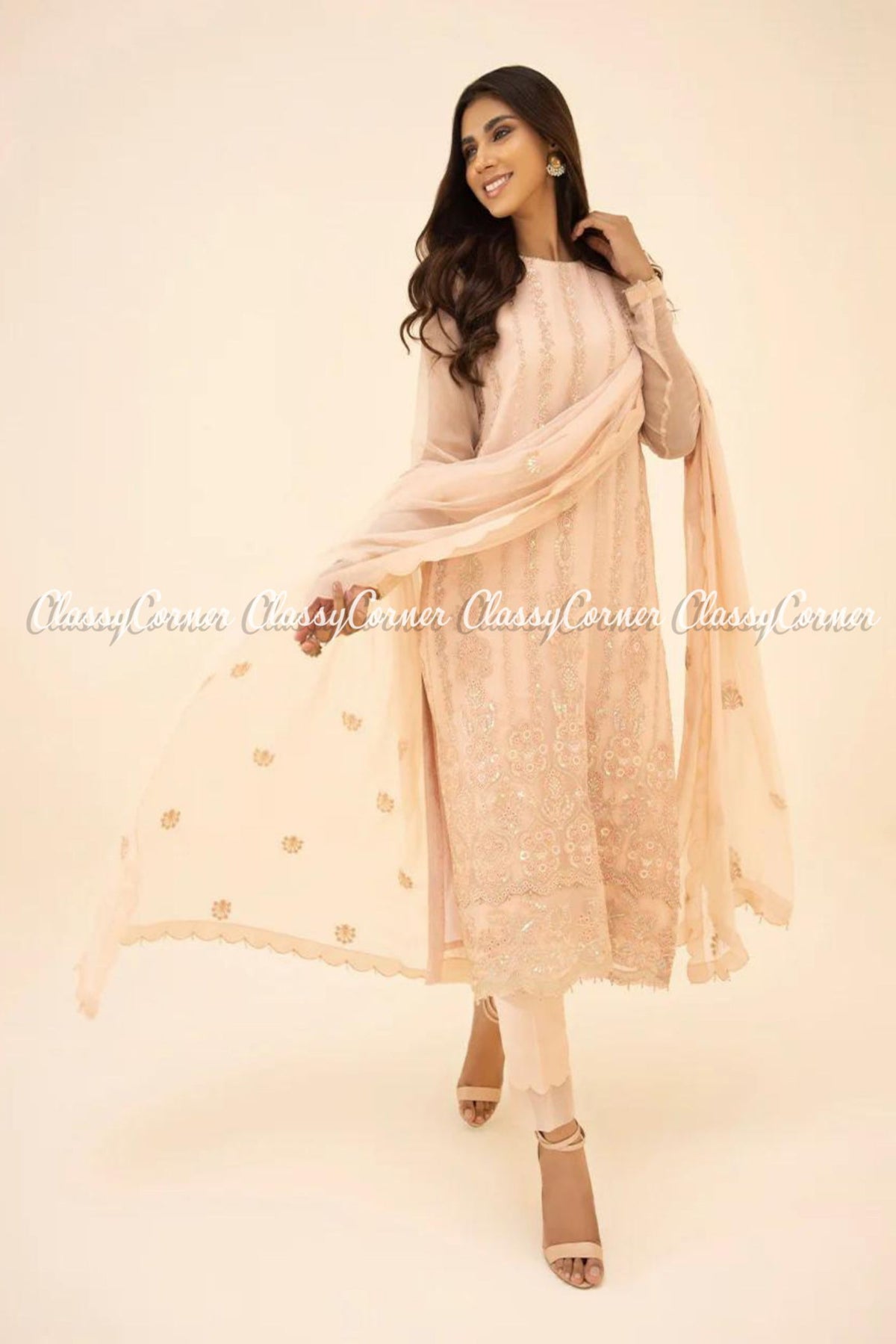 Pakistani Peach Chiffon Embroidered Party Wear 3 Piece Dress