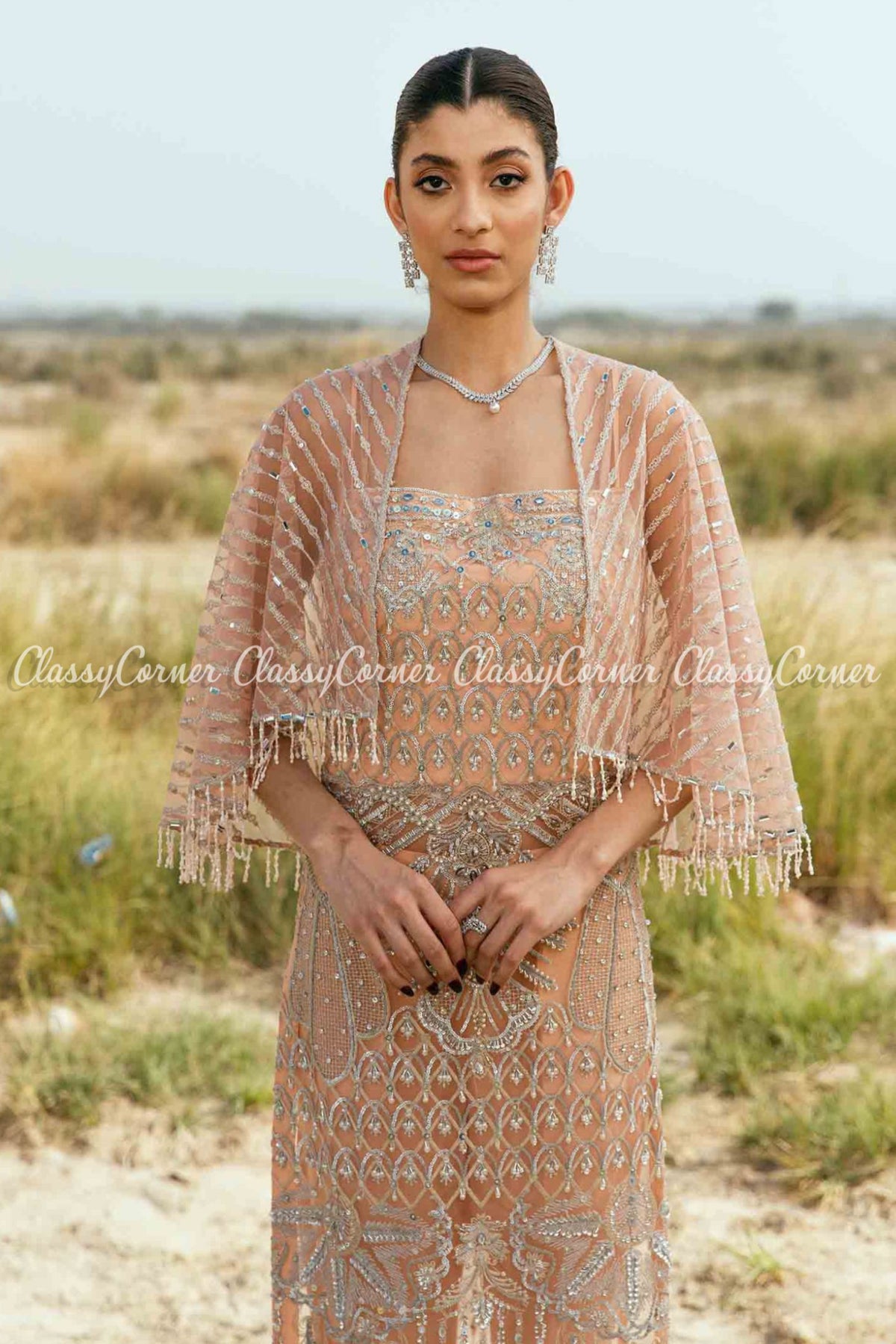 Peach Silver Net Embellished Party Wear Outfit