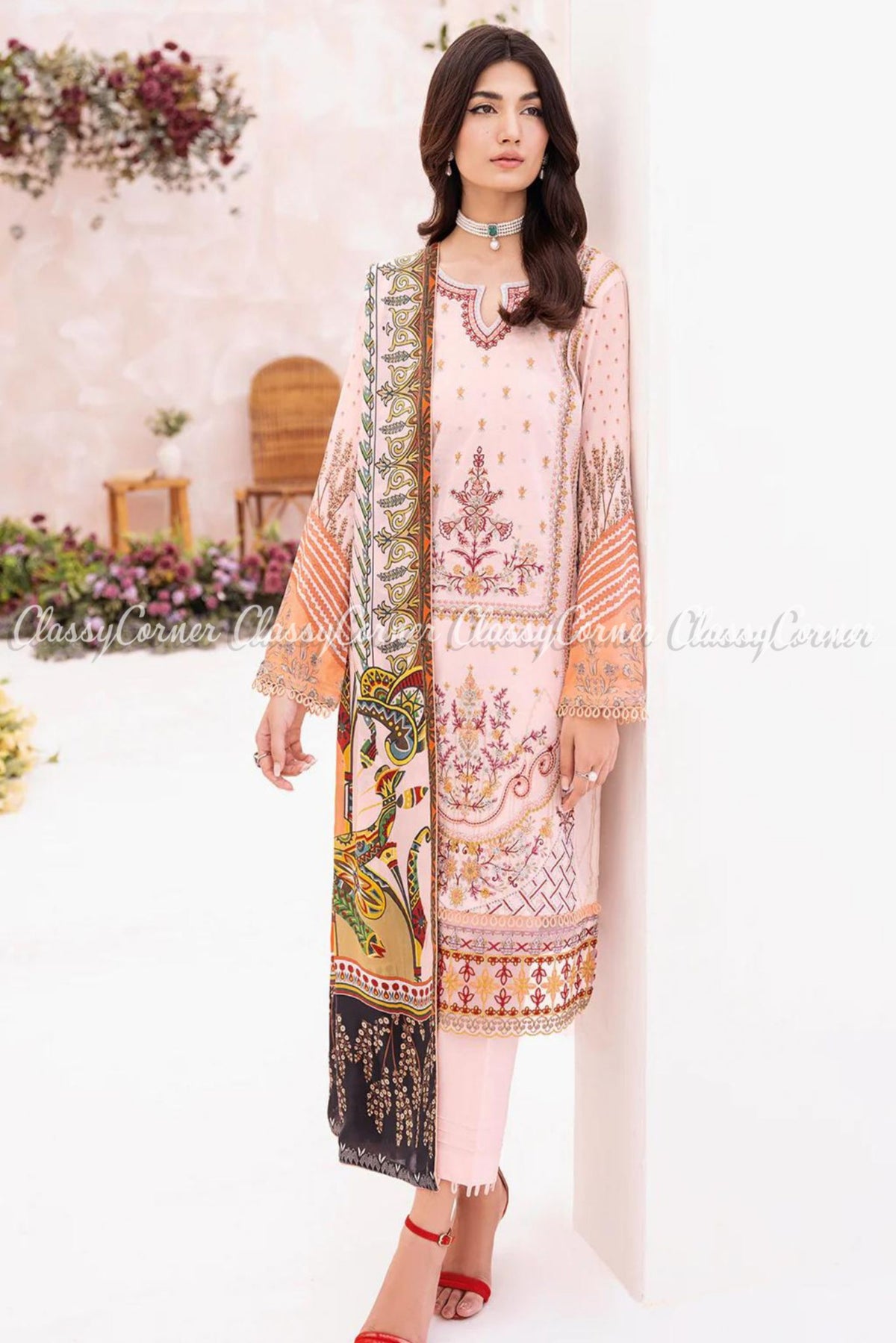 Peach Pink Printed Lawn Embroidered Pakistani Salwar Kameez