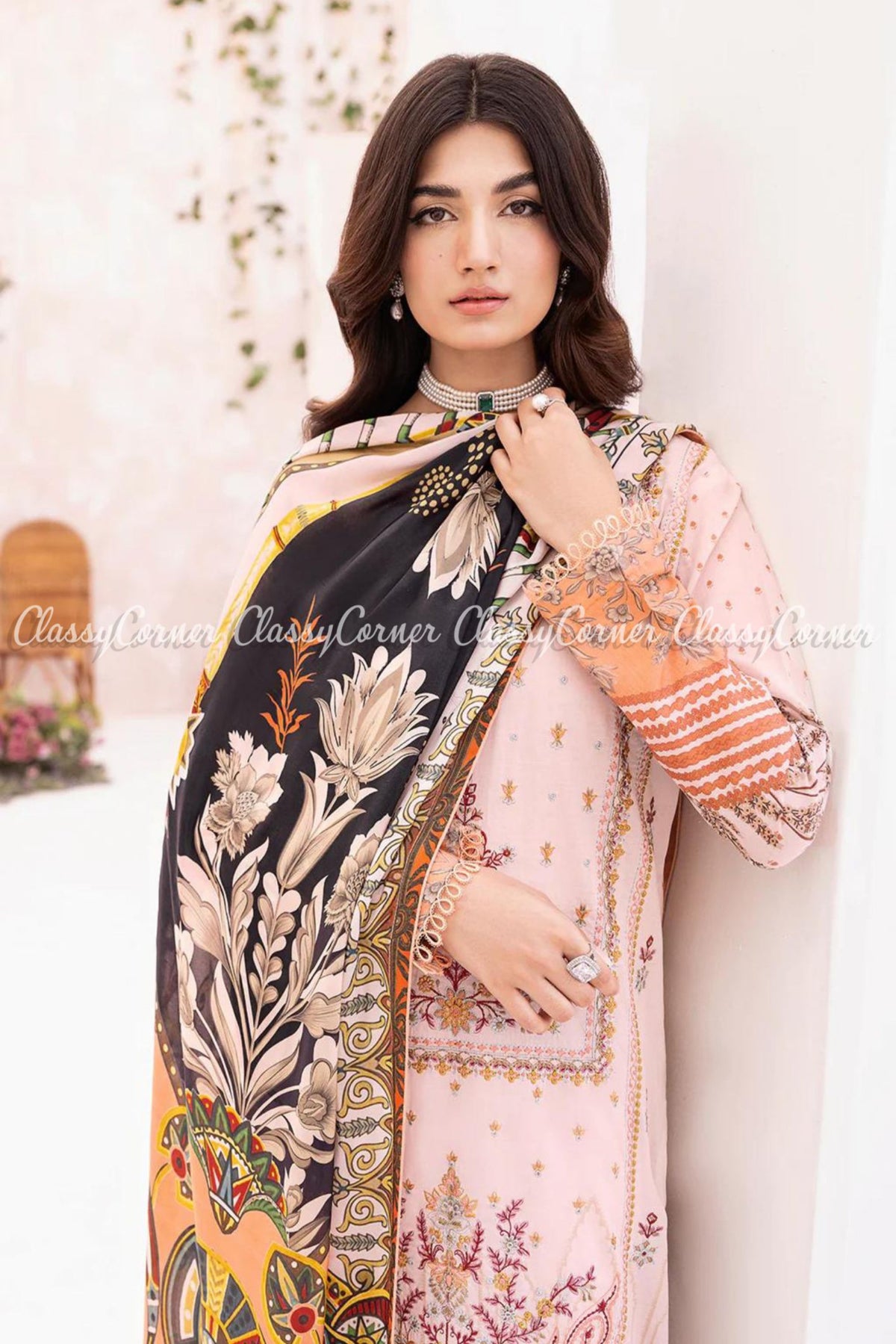 Peach Pink Printed Lawn Embroidered Pakistani Salwar Kameez