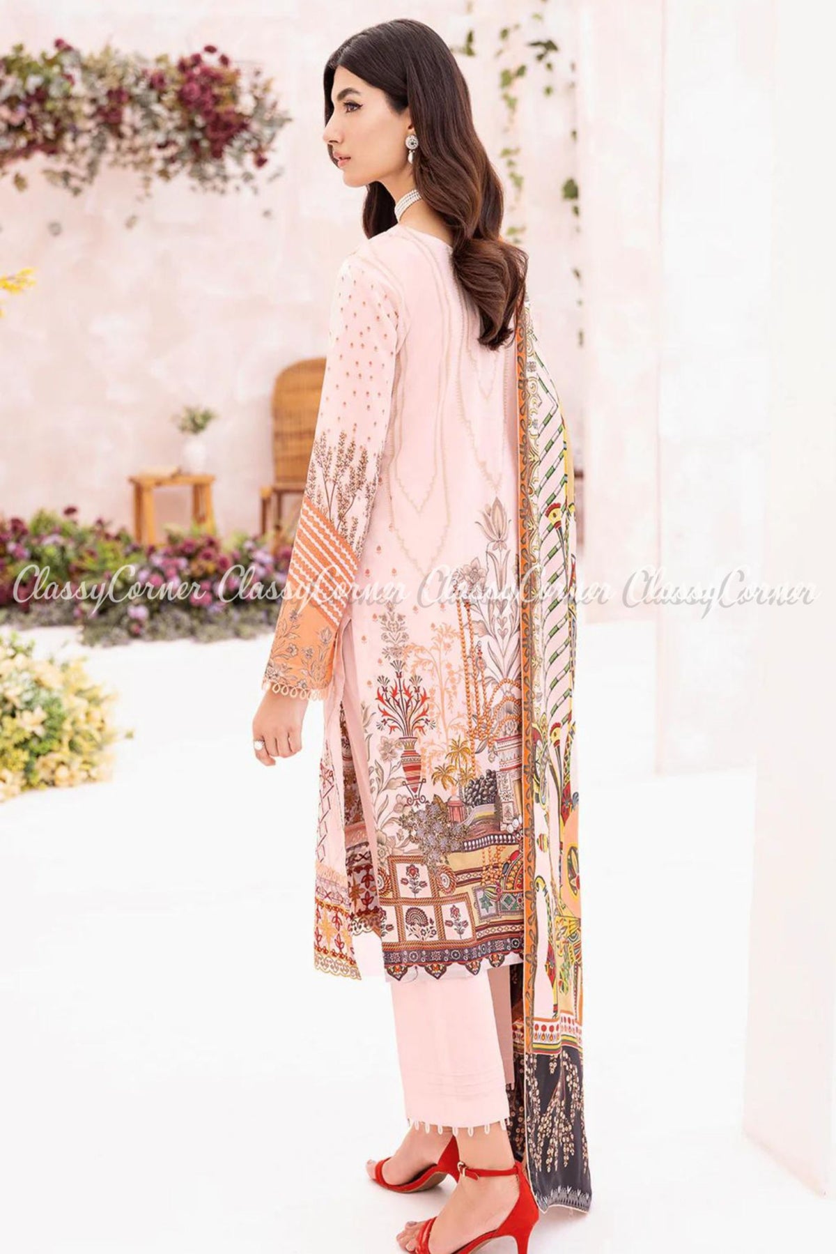 Peach Pink Printed Lawn Embroidered Pakistani Salwar Kameez